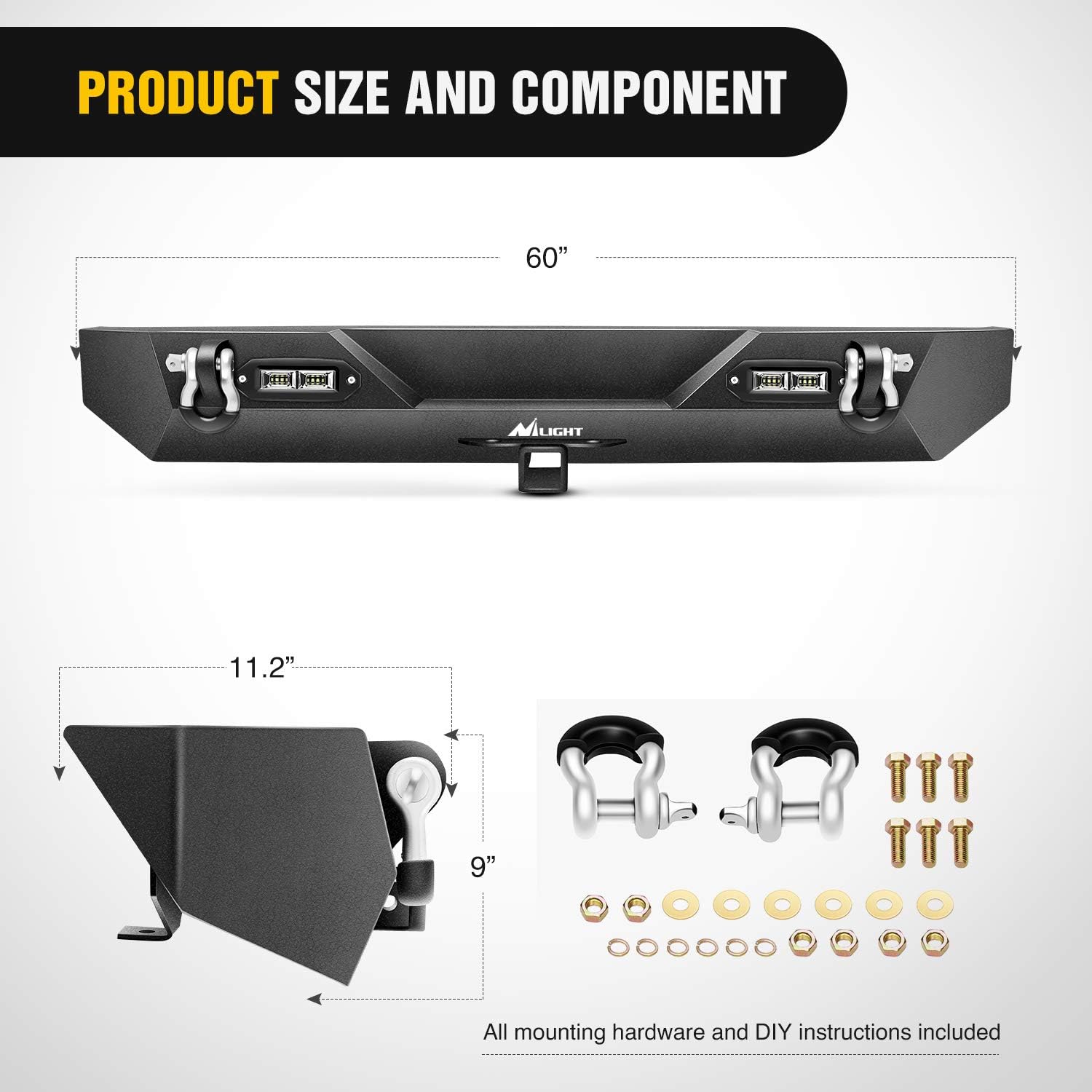 Nilight Rear Bumper Compatible for 1987-2006 Jeep Wrangler TJ&YJ,Rock Crawler Bumper with Hitch Receiver & 2X Nilight Upgraded 40W LED Lights Off Road Textured Black