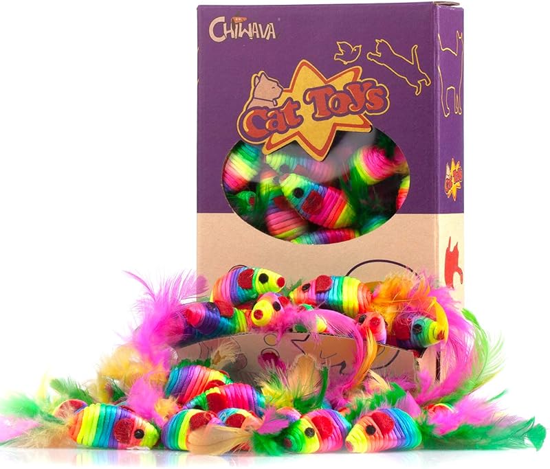 CHIWAVA 24PCS 5" Rattle Cat Toys Mice with Feathers Rainbow Rope Mouse | Kitten Interactive Toy for Indoor Activity and Chase Play,Assorted Color