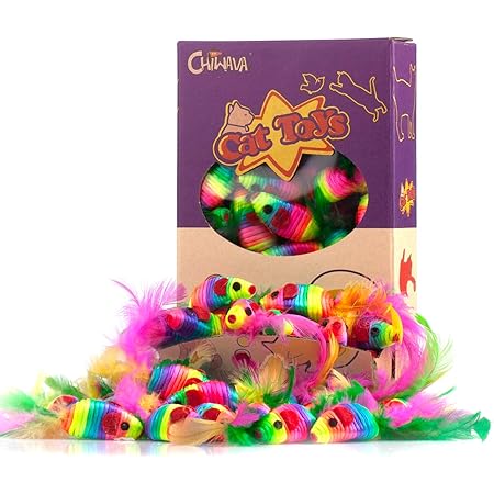 CHIWAVA 24PCS 5" Rattle Cat Toys Mice with Feather Rainbow Rope Mouse Kitten Interactive Toy Assorted Color