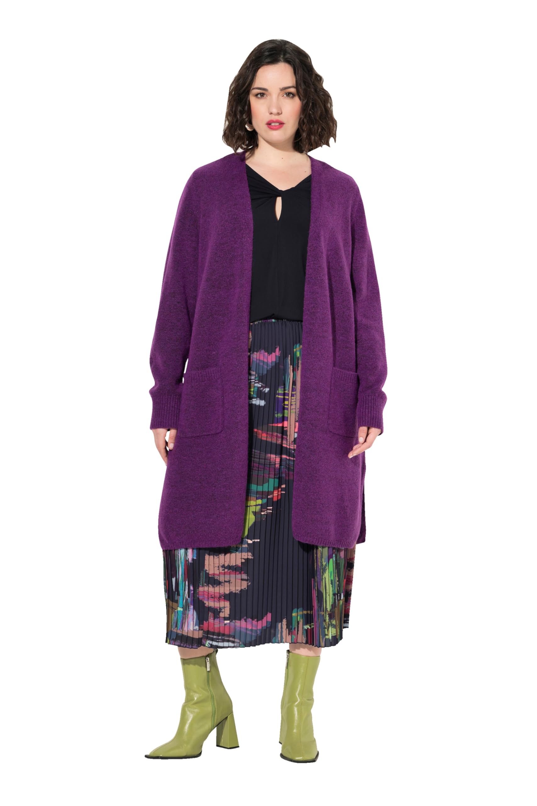 Ulla Popken Damen große Größen Übergrößen Plus Size Long-Strickjacke, offene Form, V-Ausschnitt 830741