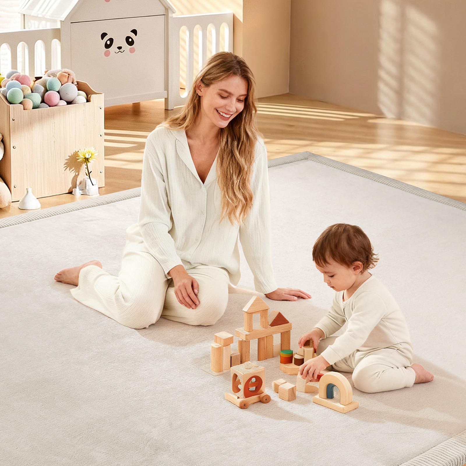 Treeboy Spielmatte Baby 120x170x2cm beige – Teppich für Kinderzimmer mit hochwertigem Memory-Schaum – Krabbelmatte Baby mit Rutschfester Unterseite – Krabbeldecke, Kinderteppich, spielteppich Kinder