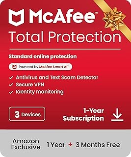 McAfee Total Protection 3-Device | 15 Month Subscription with Auto-Renewal | AI Scam Detection, AntiVirus Software 2026 for Windows PC & Mac, VPN, Password Manager, Identity Monitoring | Download