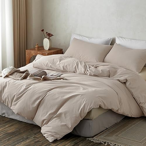 Miniatura 2 de TOCOMOA Juego de funda de edredón tamaño King, 100% algodón lavado con textura de lino, juego de ropa de cama de 3 piezas de color lino suave y