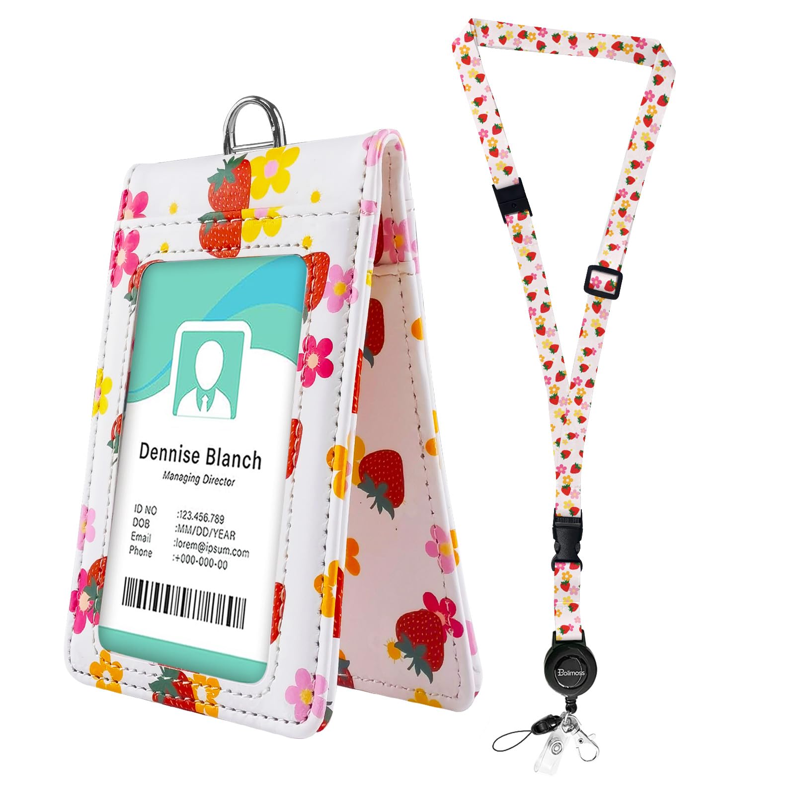 bolimoss Badge Holder with Clear Double-Sided Windows,Cute Strawberry Flower Leather ID Name Badge Holder with Adjustable Retractable Lanyards