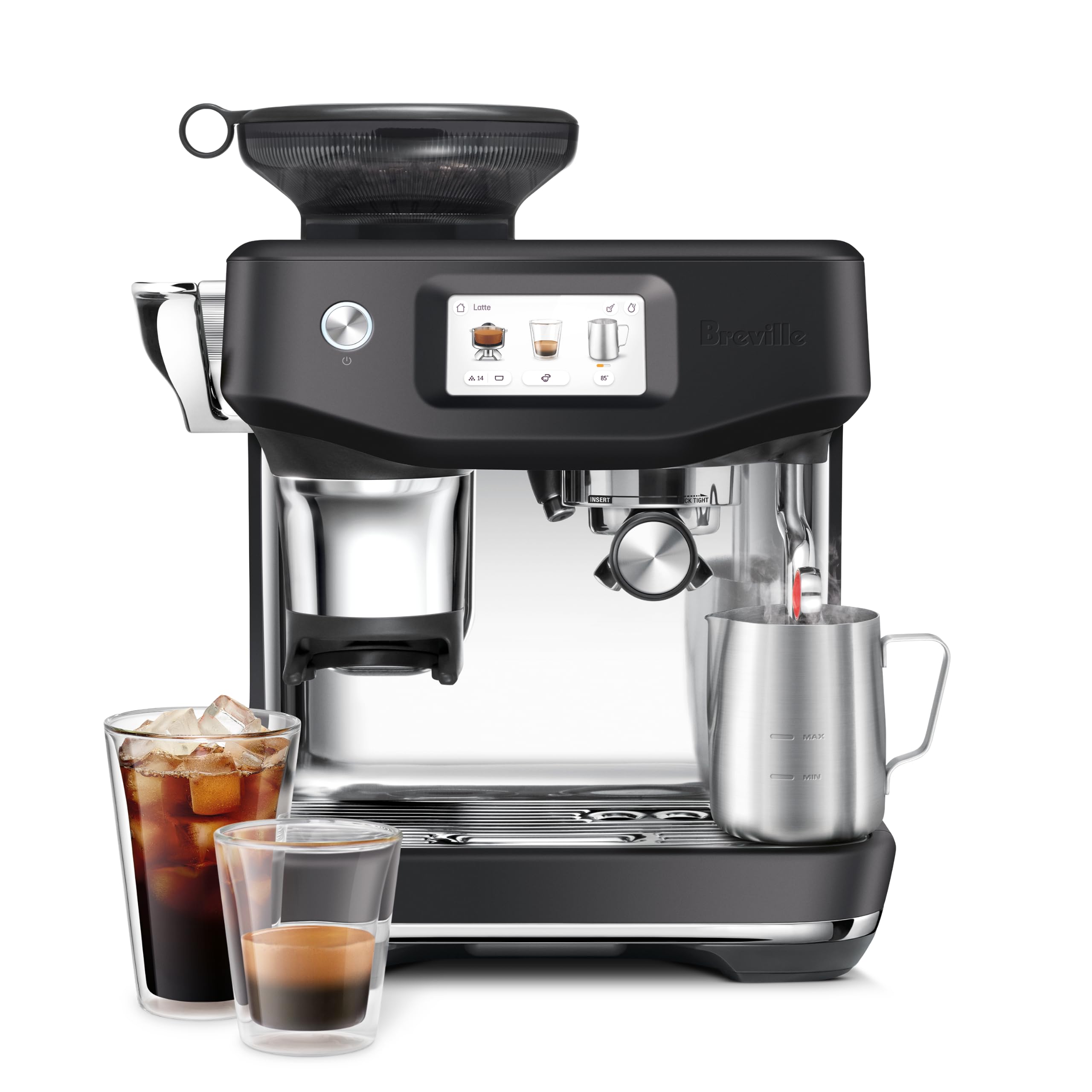 Breville The Barista Touch Impress - Máquina de espresso con molinillo y espumador de leche automático, cafetera espresso con apisonamiento asistido y pantalla táctil, máquina de capuchino y café con