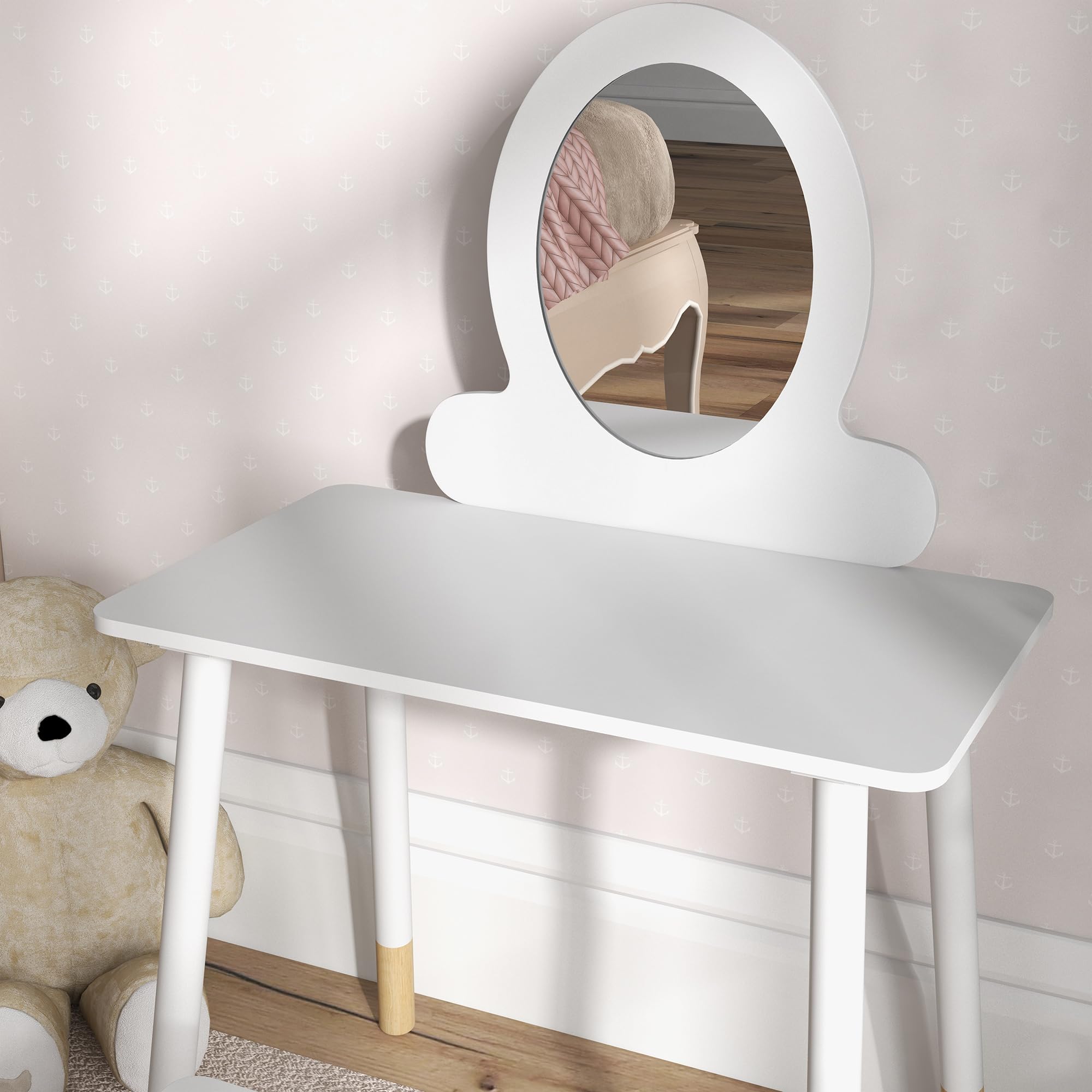 AIYAPLAY Tocador para Niñas con Taburete Tocador de Maquillaje Infantil para Niñas de +3 Años con Espejo Diseño Sencillo Blanco