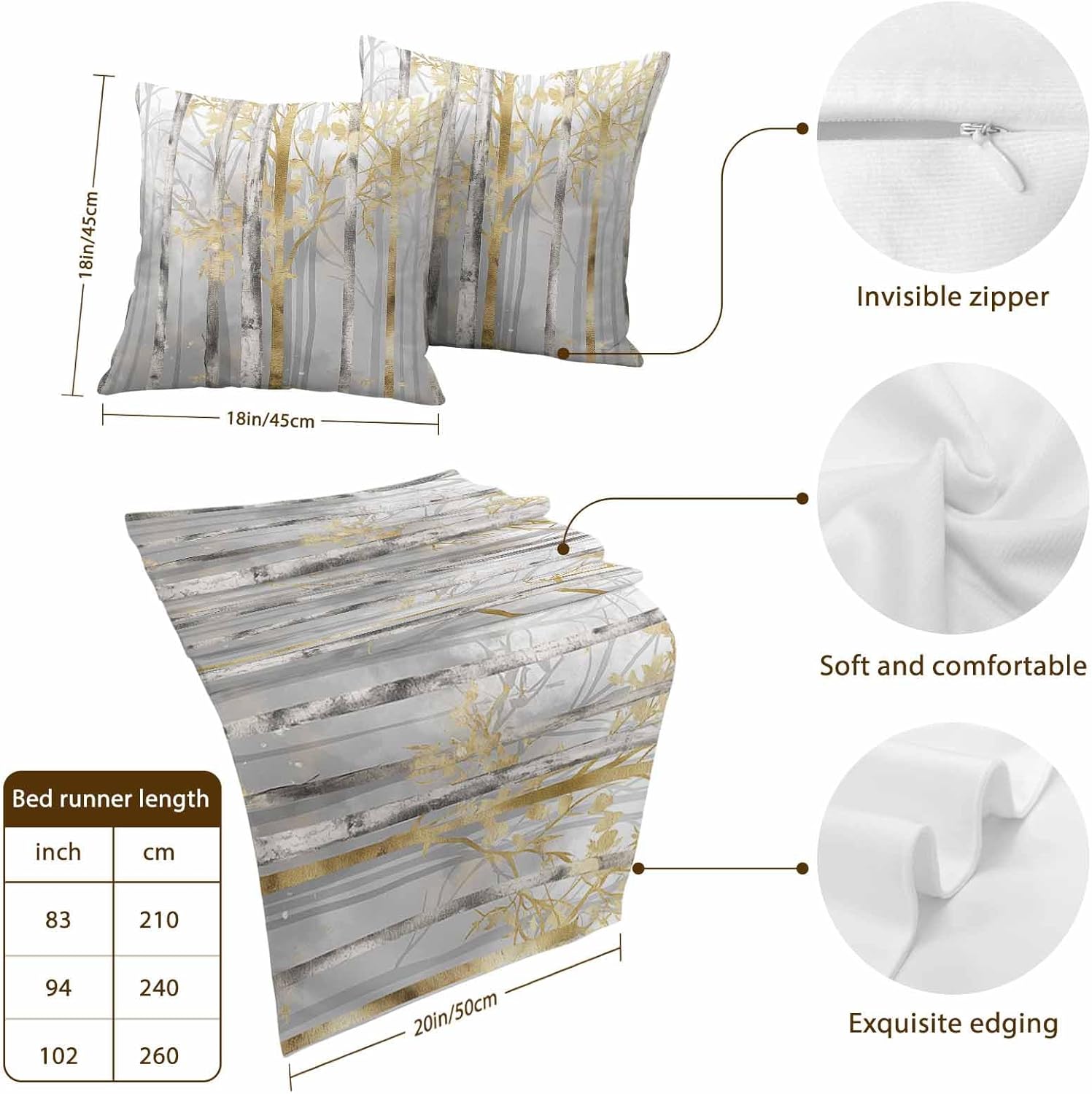 Golden Grey Tree Bed Runners for Queen Size Beds Oil Painting Forest Abstract Art Bed Scarf Matching Decorative Throw Pillow Covers Hotel Beds End Blanket Towel Soft Bedspread Protection for Bedroom