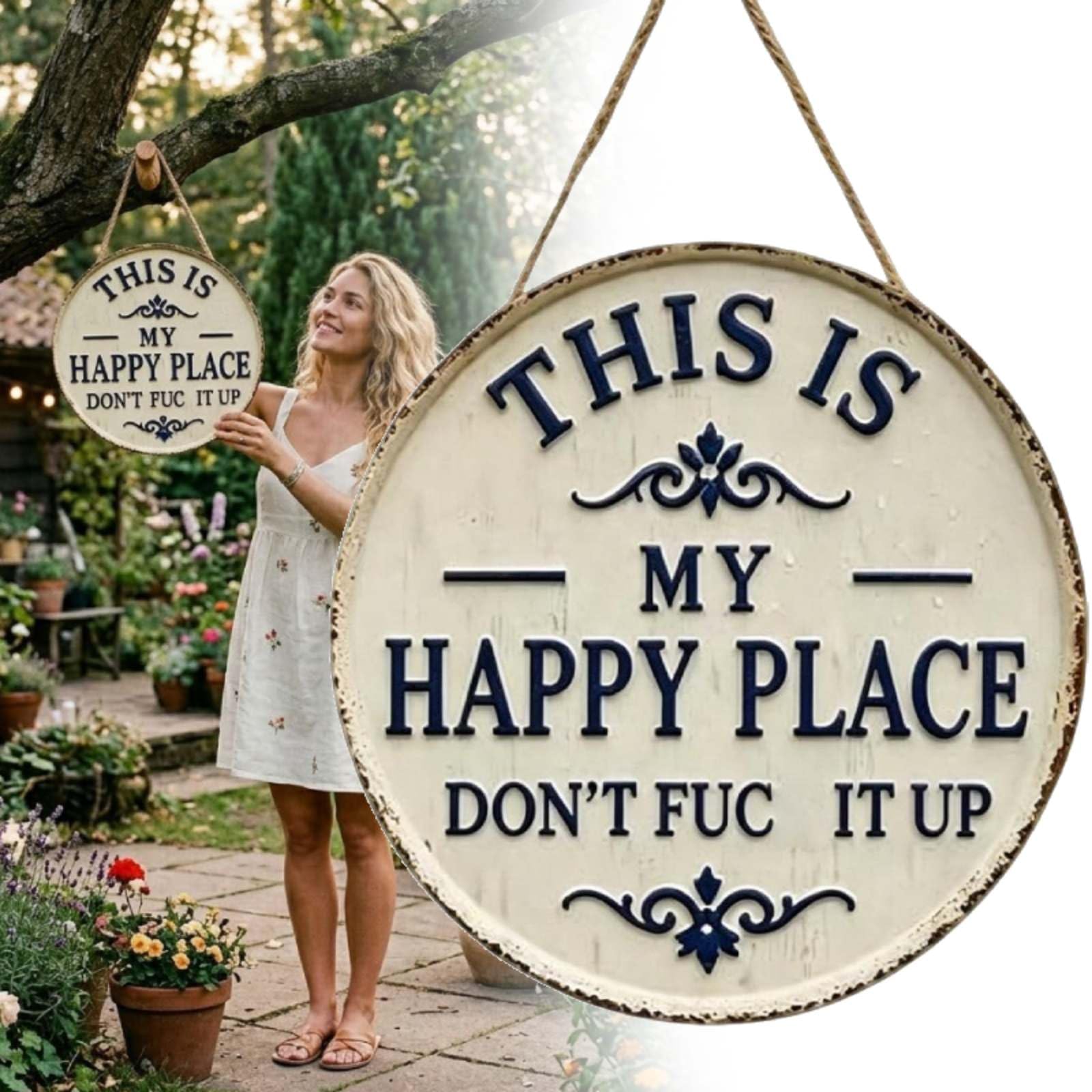 This Is My Happy Place Don't F𝗎c-k It Up Vintage Tin Sign, Funny Garden Metal Signs, Room Decoration, This Is My Happy Place Sign for Home Garden Farm Bar and Coffee Wall Decor, Housewarming Gift
