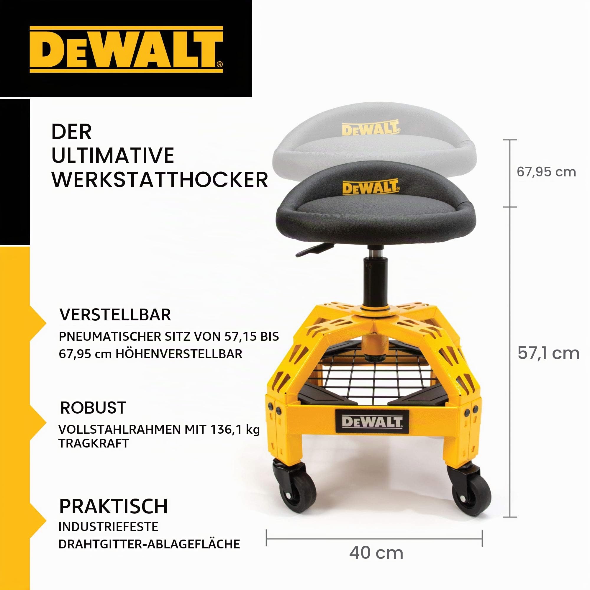 DeWalt DXSTAH025, Werkstattstuhl, Werkstatthocker, Werkstattsitz, Rollhocker, 40x40x25, max. Gewicht 135kg