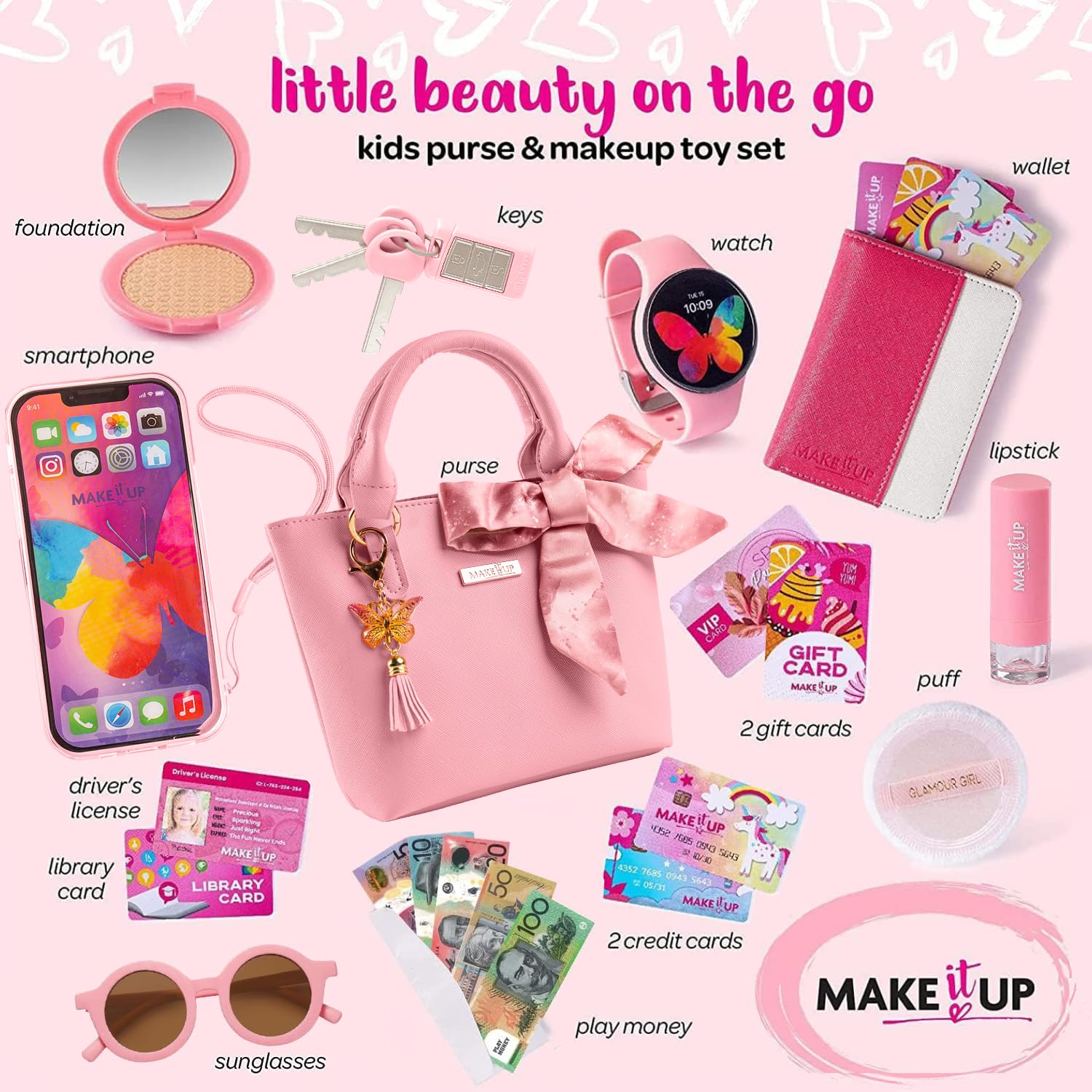 thumbnail image 2 of Kids Pretend Play Little Girl Purse Accessories, Princess Toy Cell Phone W/ Light And Sound, Fake Makeup Handbag Wallet Keys Credit Card Water Bottle Birthday Gifts Toys For 3 4 5 6 7 8+ Year Old Girl 2 of 12