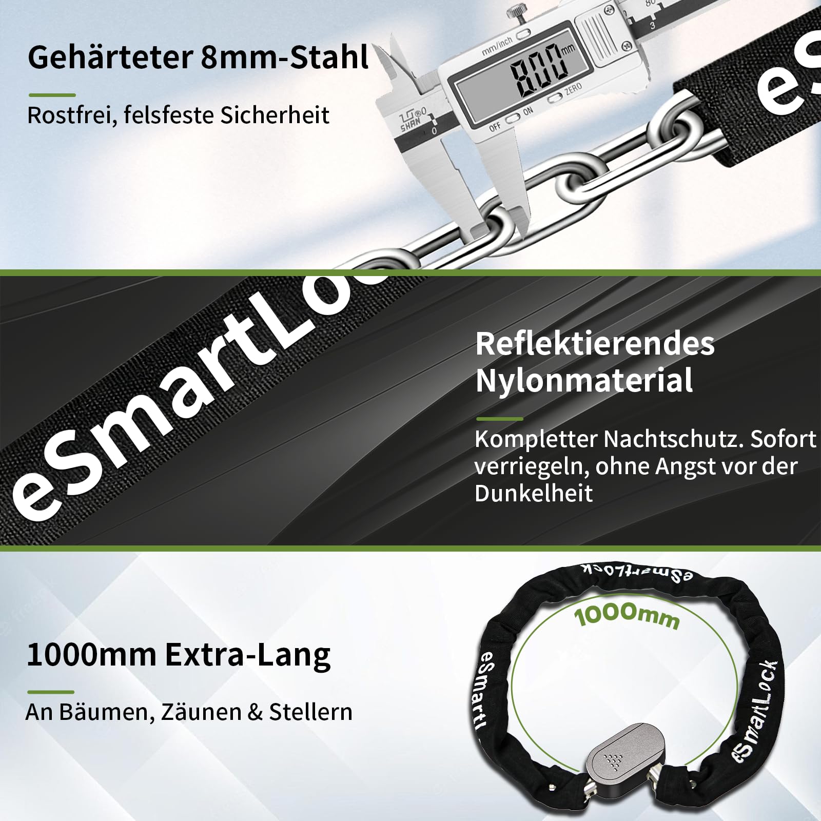 Eseesmart Lucchetto per bicicletta con impronte digitali con chiave, 8 mm, 1000 mm, lungo lucchetto a catena per bicicletta, alta sicurezza, anti-furto, impermeabile, per bicicletta e-scooter