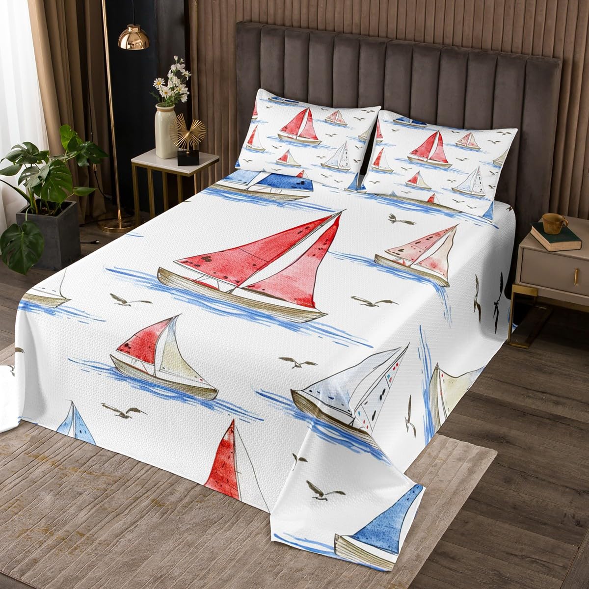 jejeloiu Kids Anchor Decor Coverlet Set King Size, Nautical Themed Quilted Coverlet Boys Girls Ocean Bedspread Teens Bedroom Decor with 2 Pillow Case