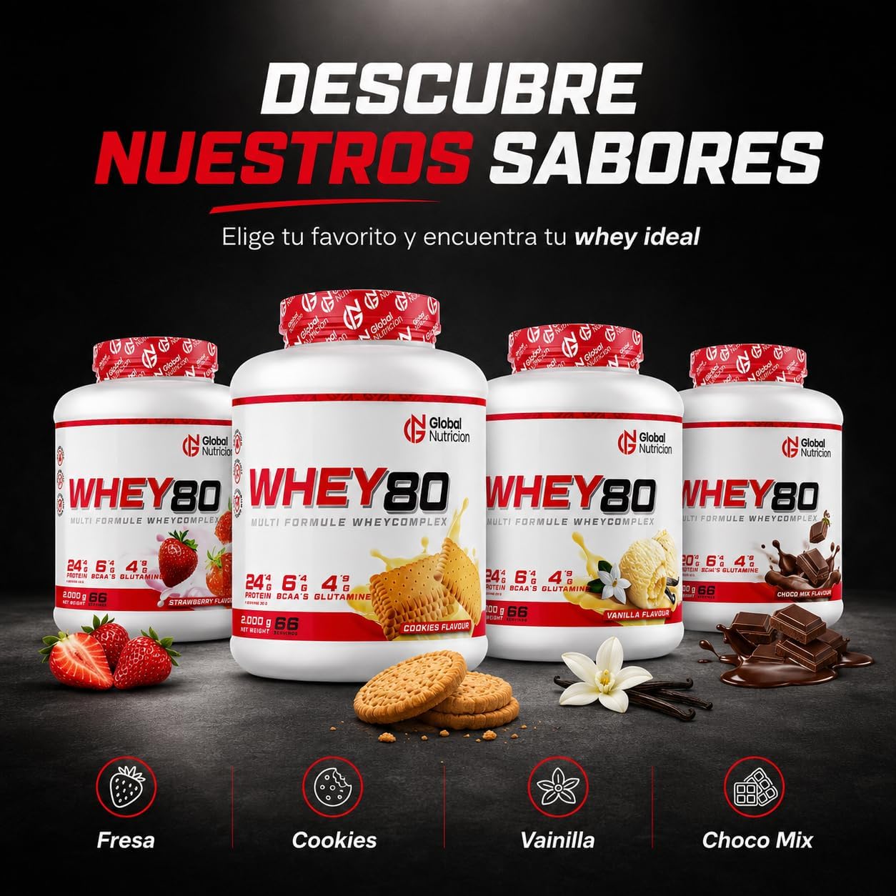 GlobalNutricion Whey 80 Proteína en Polvo de Suero de Leche 2 kg Vainilla | BCAA naturales, Bajo en grasas y azúcares, contribuye al crecimiento de la masa muscular, Mejora tus entrenamientos