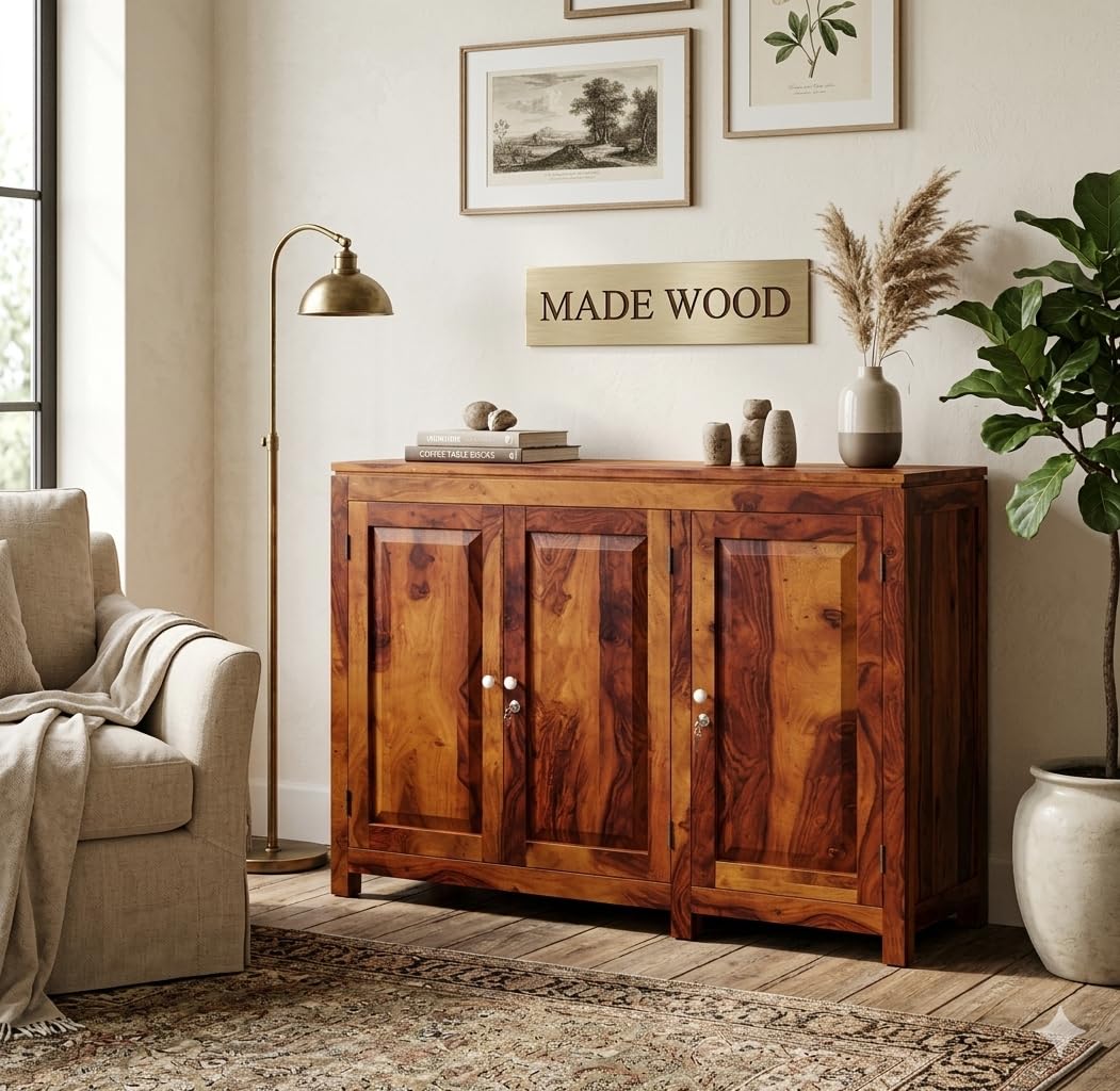made wood solid sheesham wood sideboard | sideboard cabinet for living room | kitchen crockery cabinet wood - tv table solid wood | sideboard cabinet with door [honey finish]