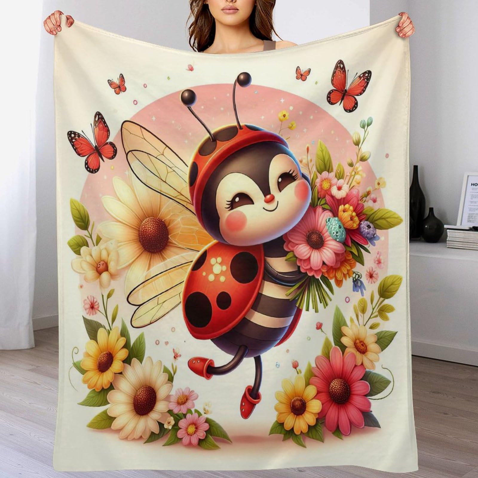 Manta de franela con mariquitas 150 x 200 cm ligera para cuatro estaciones