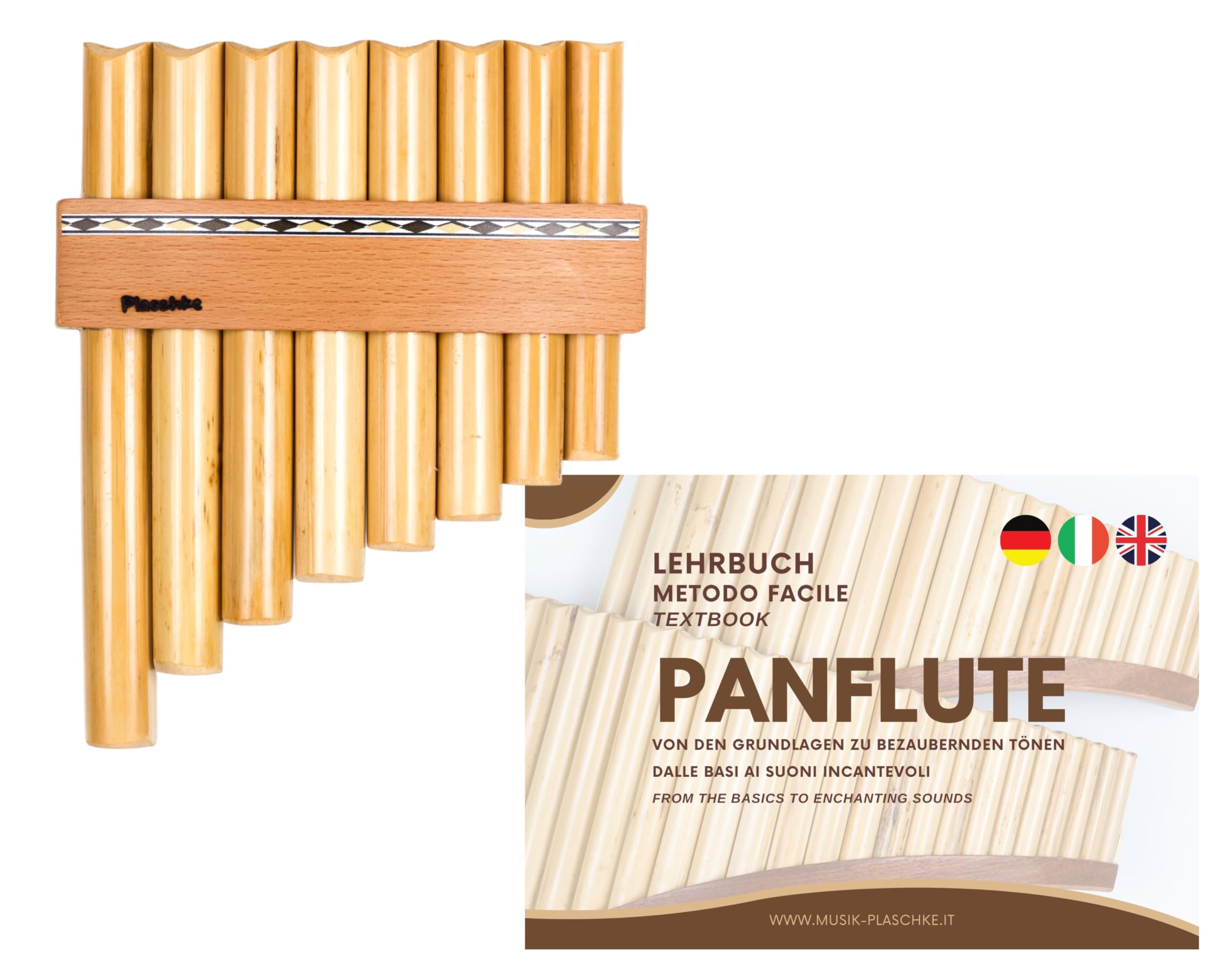 Flûte de Pan Plaschke avec ceinture en bois, fait à la main avec livre d’instructions, 8 tubes-Do
