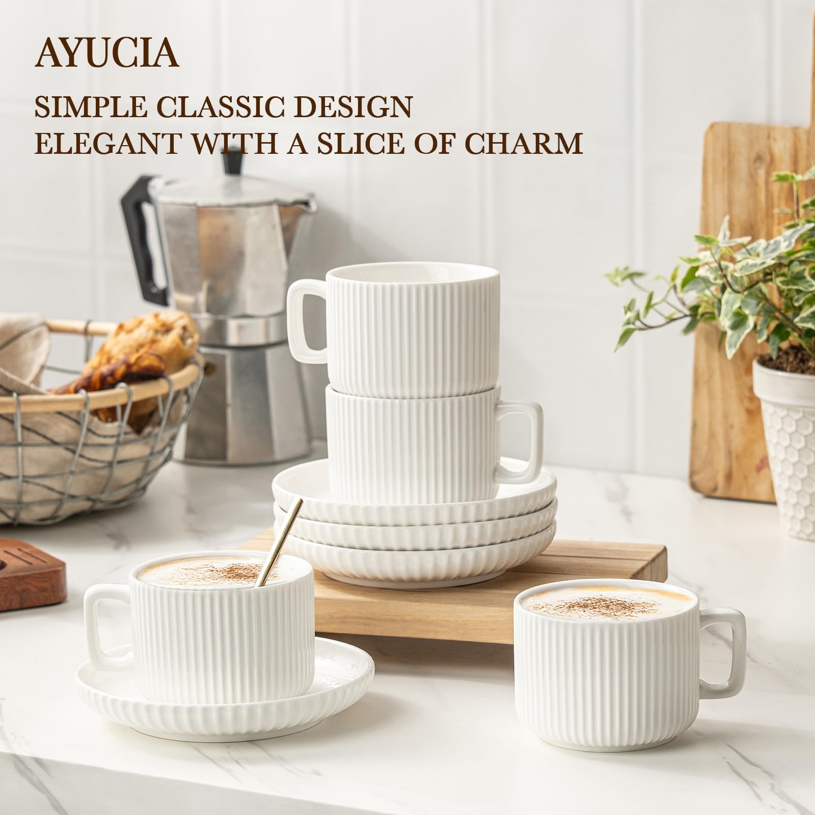 AYUCIA Ceramic Coffee Mugs with Saucers and Spoons, Set of 4