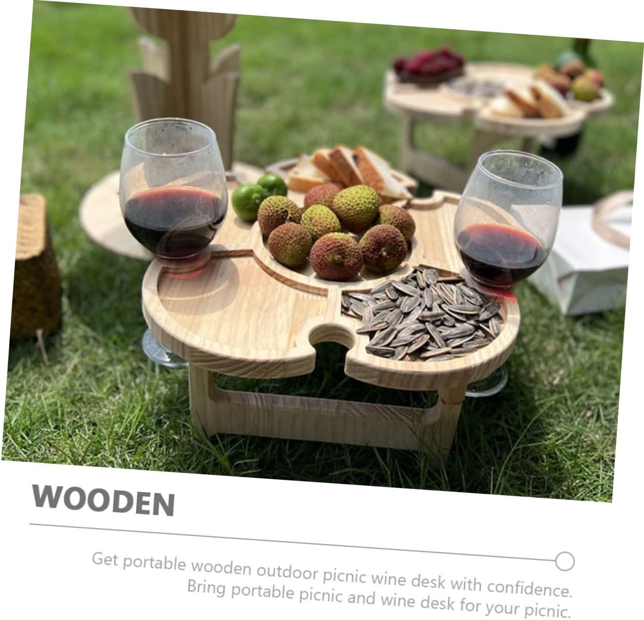 Portable Folding Wine Picnic Table Outdoor Beach Wine Holder Multi-Function Wooden Tray Table 35cm Diameter Petal Shape for Camping and Barbecue