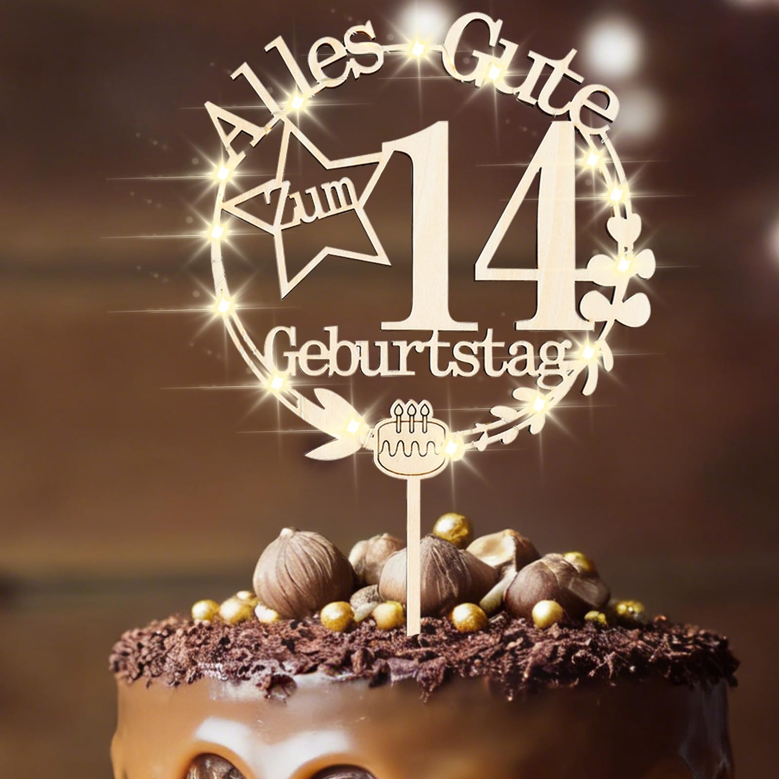 ENLACE Holz Tortendeko 14 Geburtstag Junge, Kuchen Deko 14 Geburtstag Mädchen, Happy Birthday 14 Mädchen Tortendeko Junge 14 Jahre Cake Topper LED, 2012 Tortenstecker 14 Jahre, Teenager Cake Topper