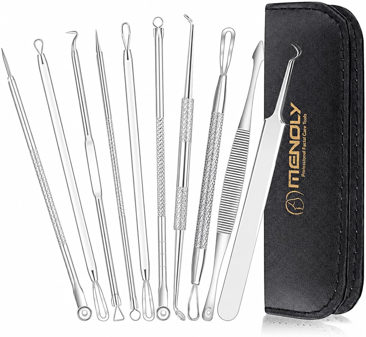MENOLY Pimple Popper Tool Kit 10 Pcs Blackhead Remover Tool Zit Popper for Blemish, Pimple Comedone Extractor Acne Tool for Blackheads, Acnes, Whiteheads Nose Face with Leather Bag