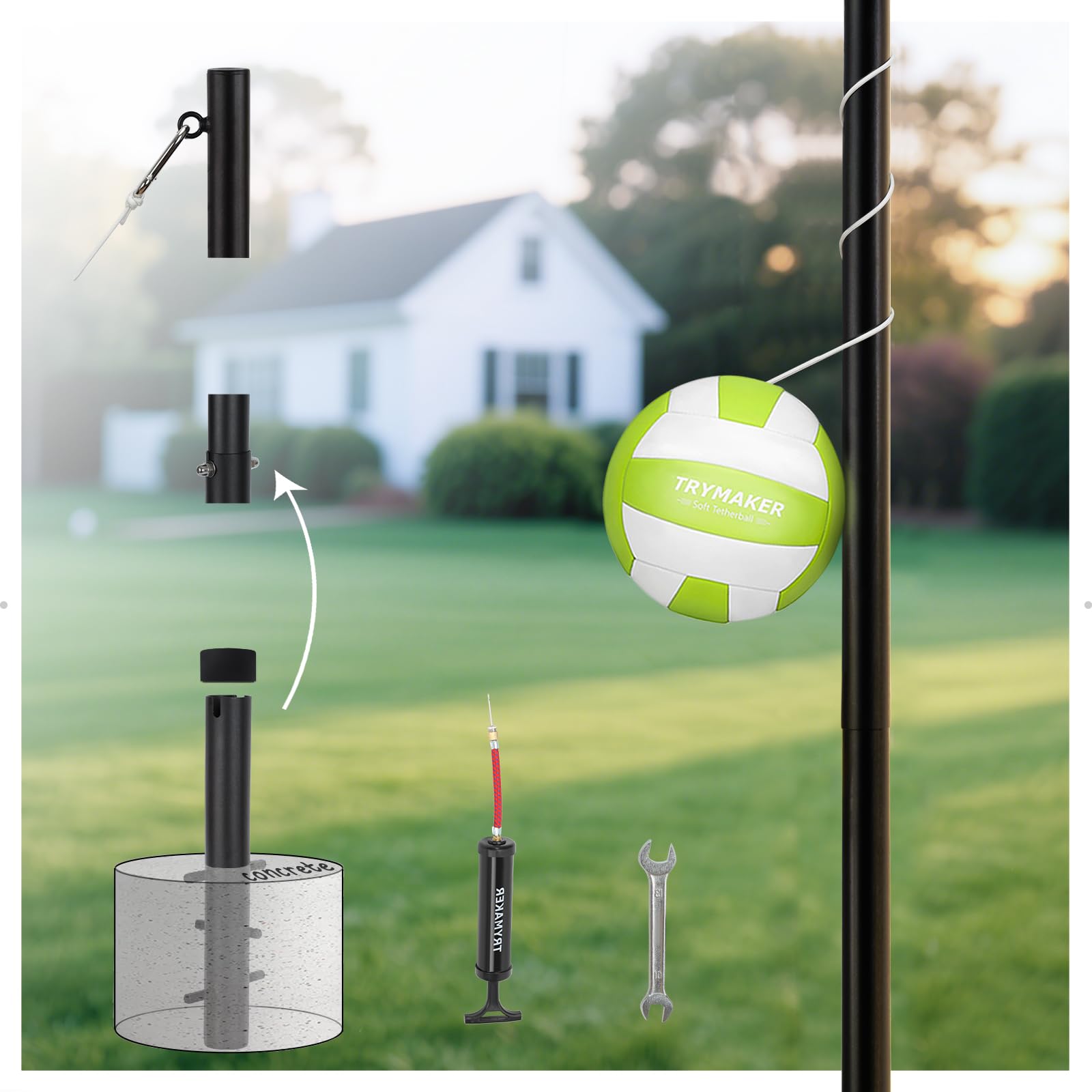 Trymaker Tetherball Set, Tether Balls and Rope Set with Pole 10.43ft Height Heavy Duty, Soft Tetherball Equipment Kit for Backyard Outdoors Kids and Adult(No Base Included)