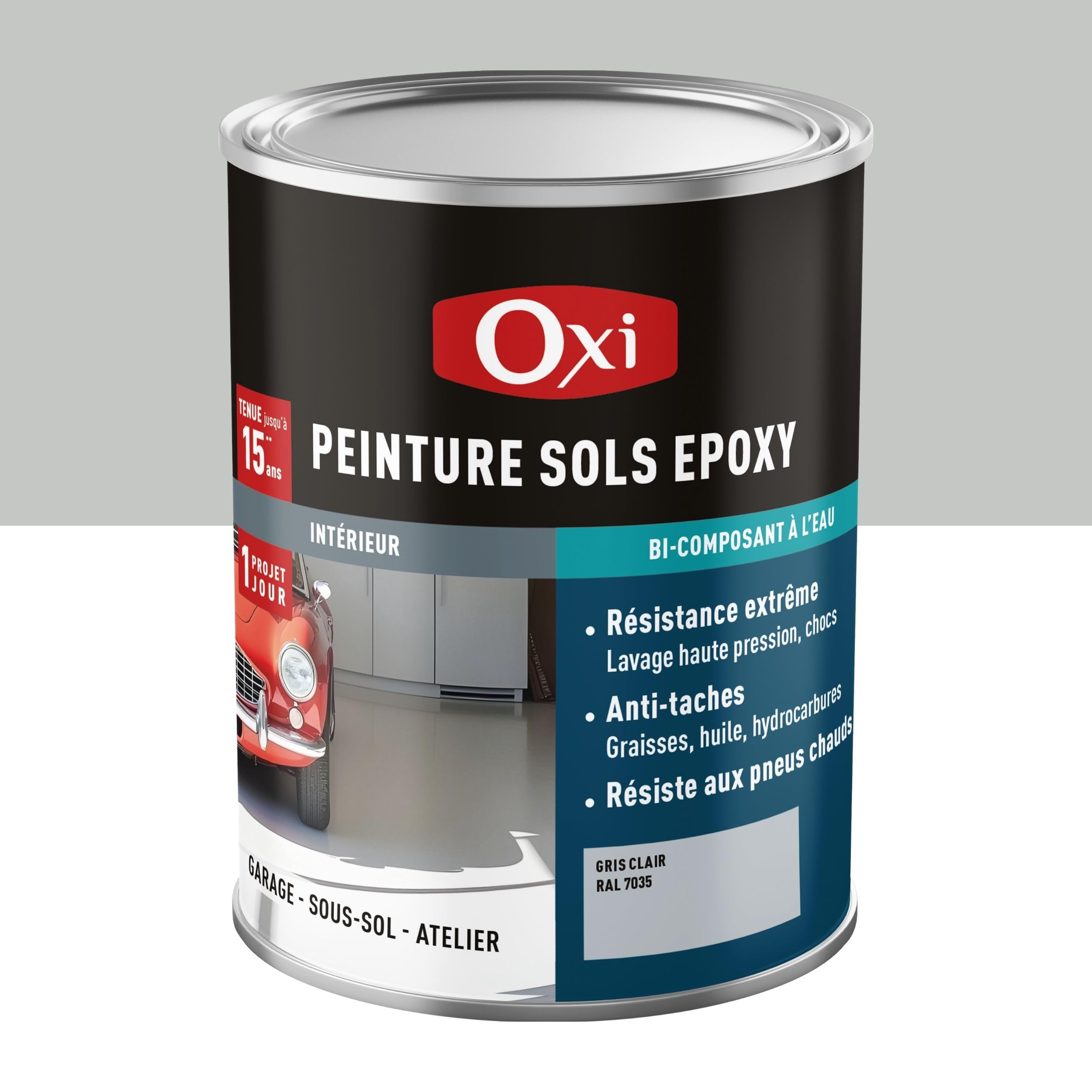 Oxi - Peinture Époxy Sols - Peinture Sol Extérieur Sans Sous-Couche - A Base de Résine Époxy - Bi-Composant - Béton, Carrelage, Ciment ou Pierre-Gris Clair (RAL 7035)-0.3 litres
