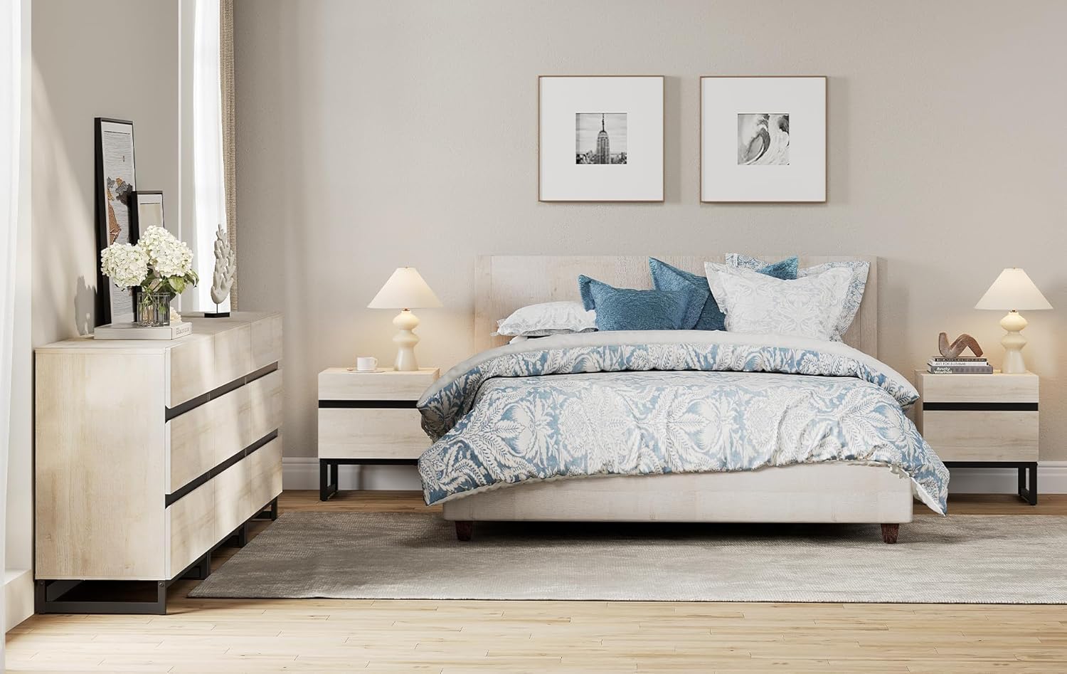 WAMPAT 3-Piece Modern Bedroom Furniture Set, 94.5-Inch Dresser and Chest with 9 Drawers, 2 Nightstands with 2 Drawers, Stylish Bedroom Side Tables, Light Oak