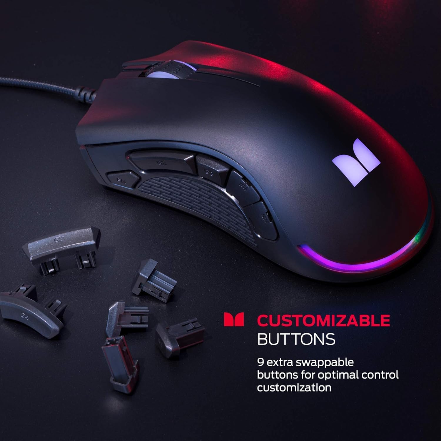 Monster Alpha 9.0 gaming mouse with various swappable side buttons