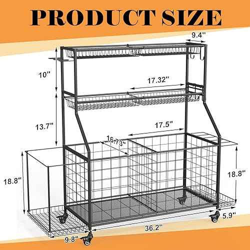 Miniatura 8 de Organizador de equipos deportivos, estantes de almacenamiento de pelotas de garaje, almacenamiento de juguetes al aire libre con 2 estantes