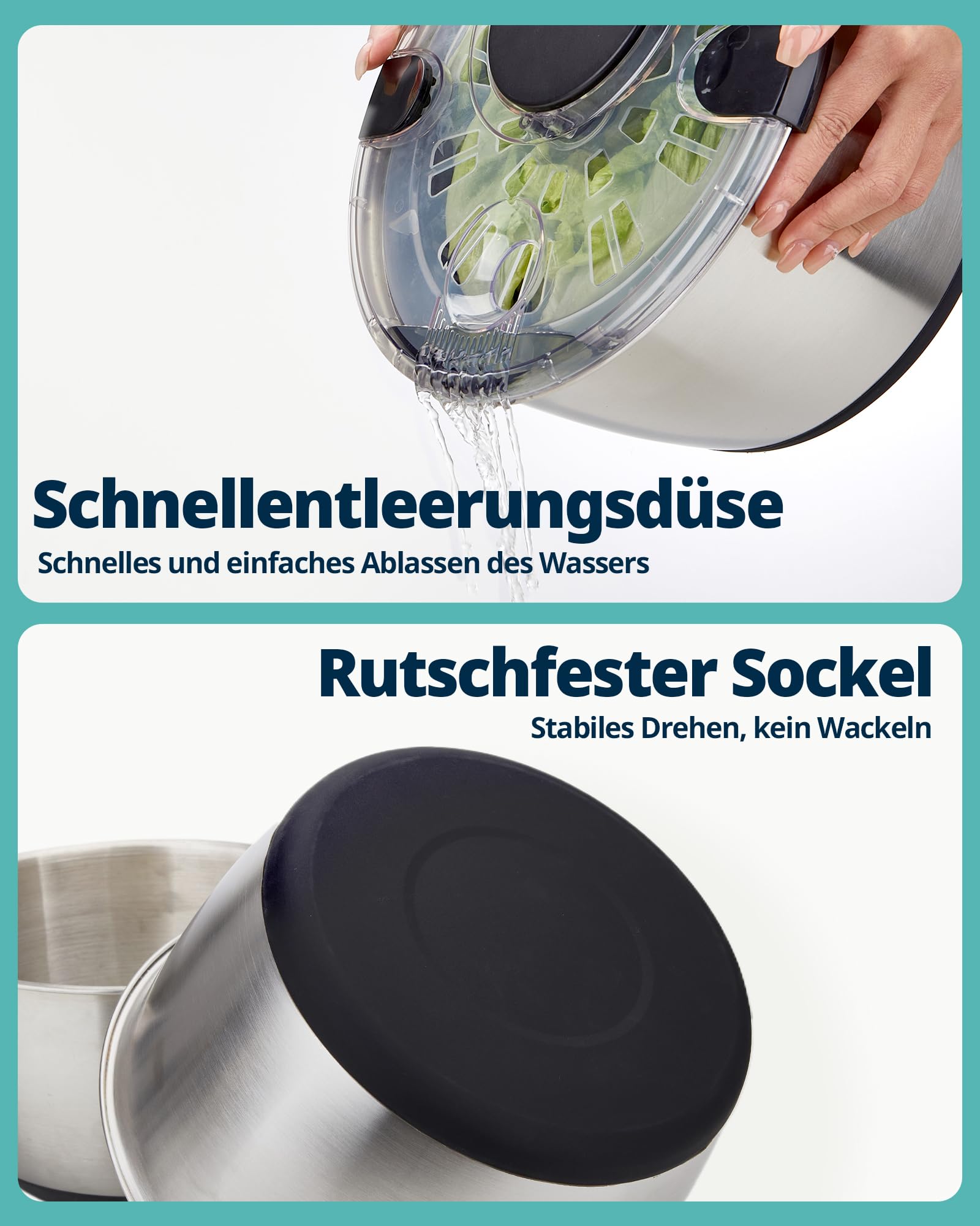 Salatschleuder Edelstahl 18/10 mit Kurbelantrieb, 6L große Salatschüssel mit Deckel, rutschfest & spülmaschinengeeignet – Salad Spinner für Salat, Gemüse, Obst