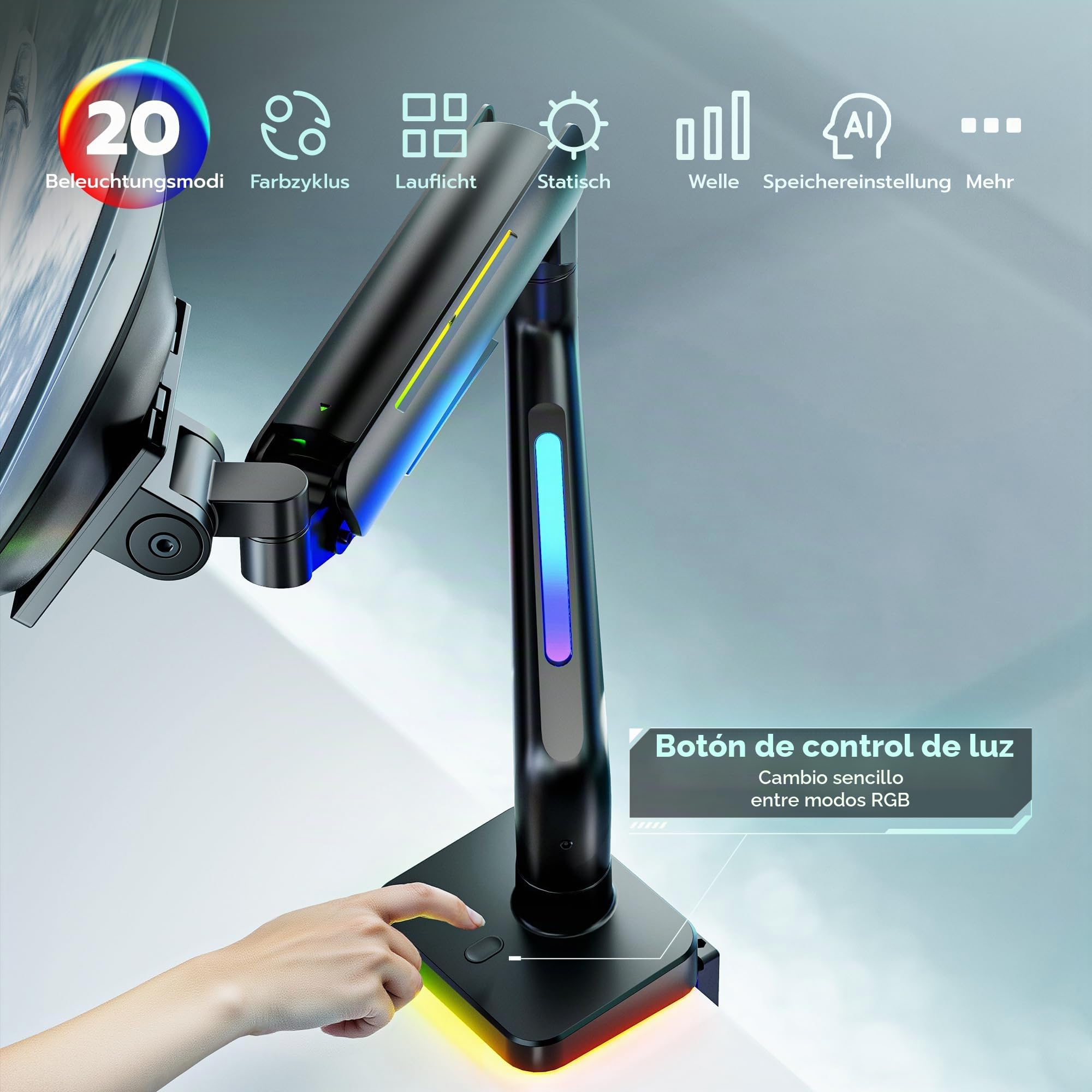 ARES WING Ergonomic Brazo de Monitor RGB para monitores de 17 a 49", Blanco | Capacidad de Carga de hasta 20 kg, Resorte de Gas, diseñado para Gamer