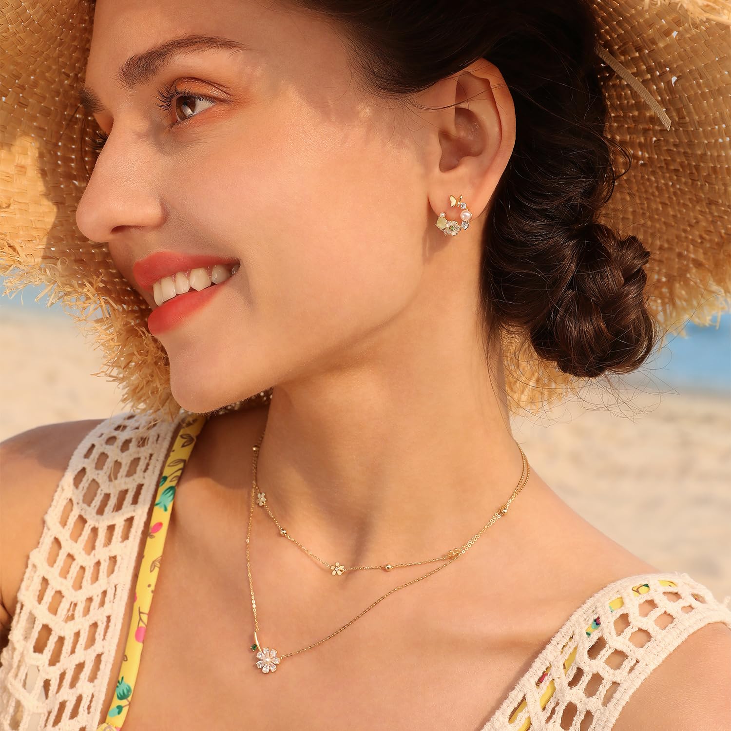 Meissa Orecchini di fiori di perle fatti a mano per le ragazze Dainty Butterfly Studs con Cubic Zirconia rosa Regali di gioielli floreali ipoallergenici, Oro, pietra rosa
