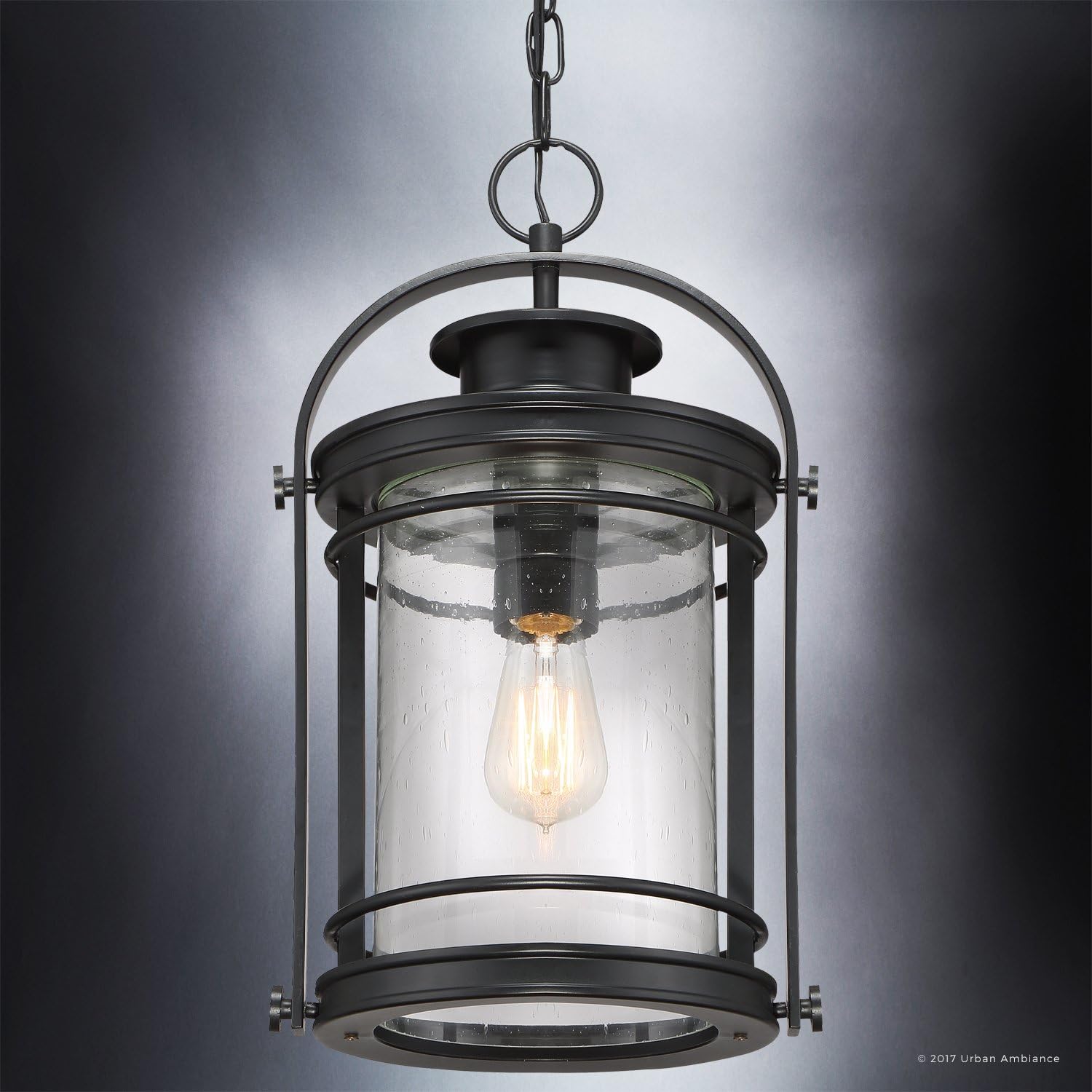 Urban Ambiance Luxury MidCentury Modern Outdoor Pendant Light, Medium Size: 18" H x 10.5" W, with Craftsman Style Elements, High-End Black Silk Finish and Seeded Glass, Includes Edison Bulb, UQL1011