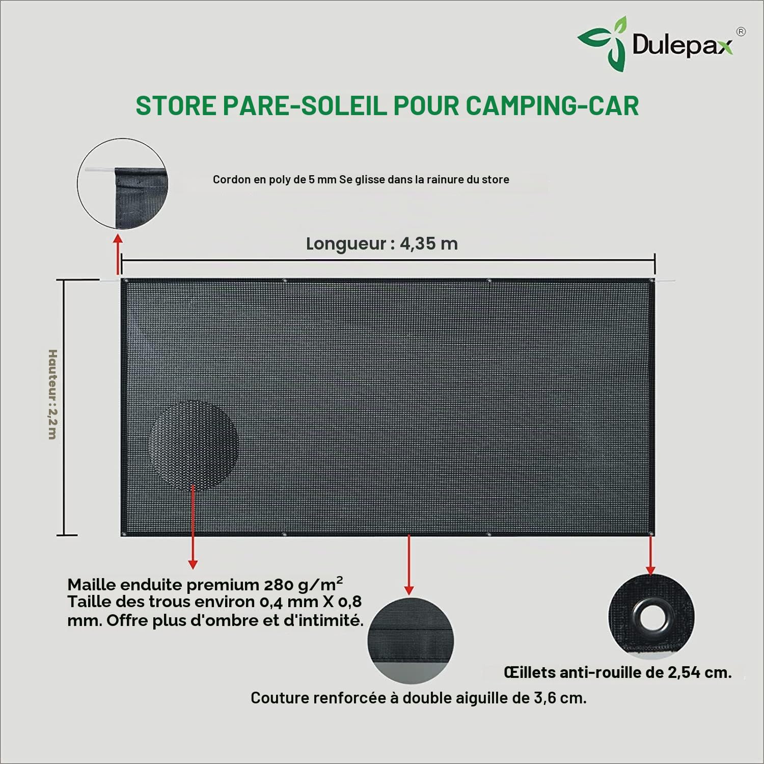 Dulepax Pare-Soleil pour Camping-Car Auvent Capri Sun Blocker Paroi Avant 2,2 m x 4,35 m Pare-Soleil Universel pour Auvent de Caravane avec Kits Complets