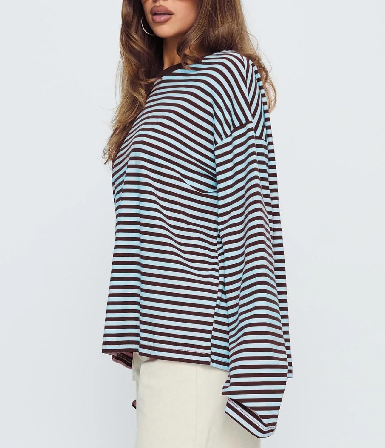Amiblvowa Women Striped Long Sleeve Top Oversized Graphic Y2k Loose T Shirts Teen Girl Crewneck Baggy Tees Pullover - Image 3