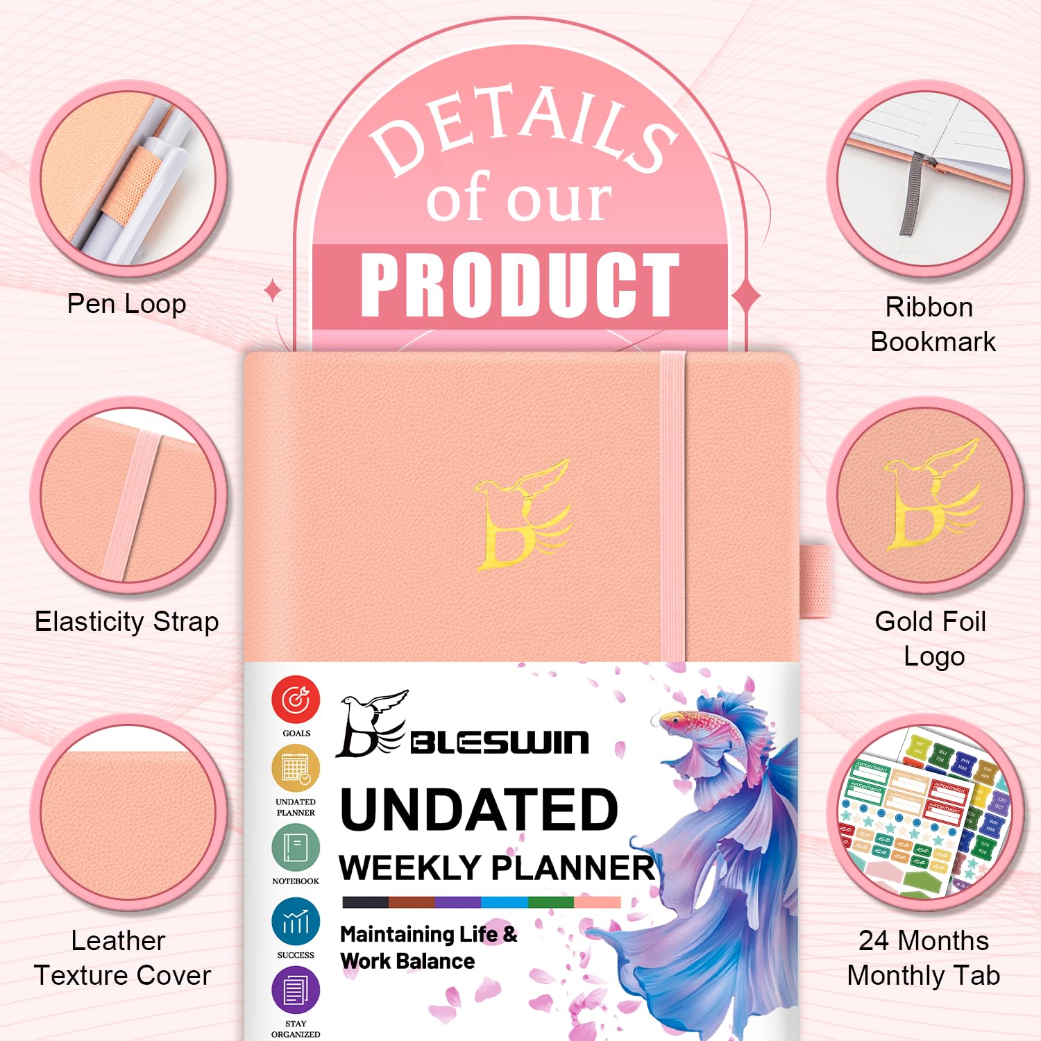 Undated Weekly Planner, A5 Agenda Organizer, Goal Definition with Elastic, Adhesive Pen Loop - Image 2