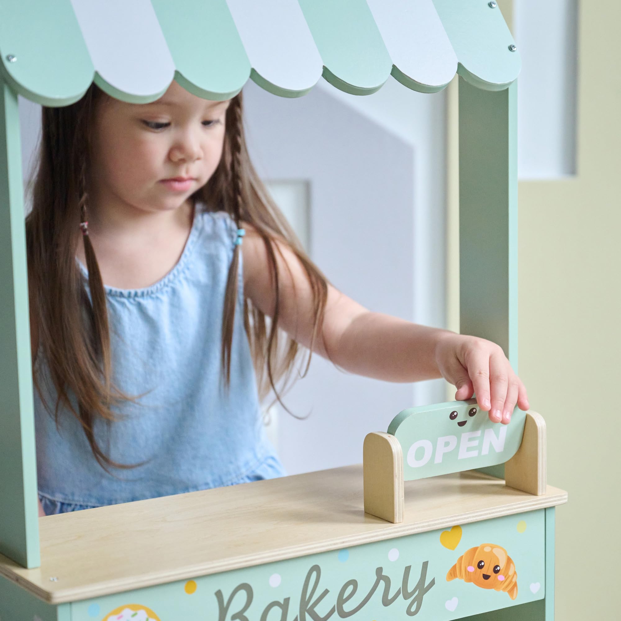 Teamson Kids Jolly Pals Kiosk drewniana piekarnia z 12 słodyczami, edukacyjna gra dla dzieci, kompaktowa podstawka do wyobraźni i towarzyskości