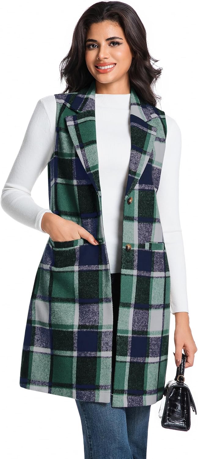 IDEALSANXUN レディース ロングチェックベスト 秋冬 ノースリーブ フランネル ツイード ブレザー ジャケット