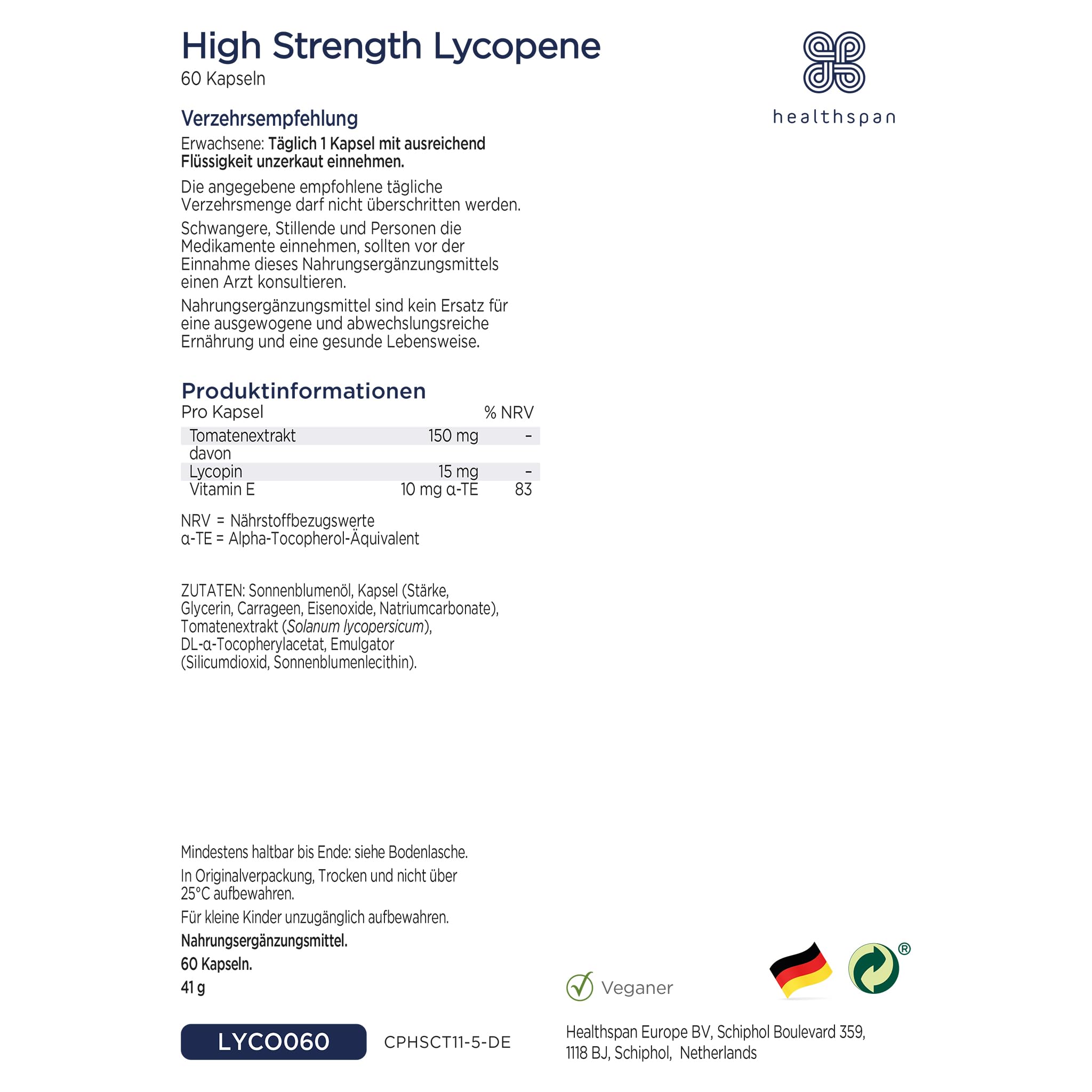 Healthspan Lycopin 15 mg | 150 mg Tomatenextrakt | Vitamin E | Reich an Tomaten-Phytonährstoffen | Keine GVO-Tomaten | Vegan | 60 Kapseln