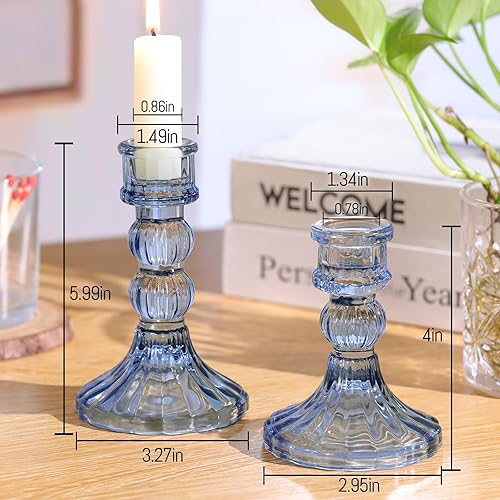 Miniatura 2 de DARJEN Juego de 6 portavelas azules - 10 cm y 13 cm de altura, portavelas de vidrio a rayas para bodas, festivales, fiestas, centro de mesa, regalos