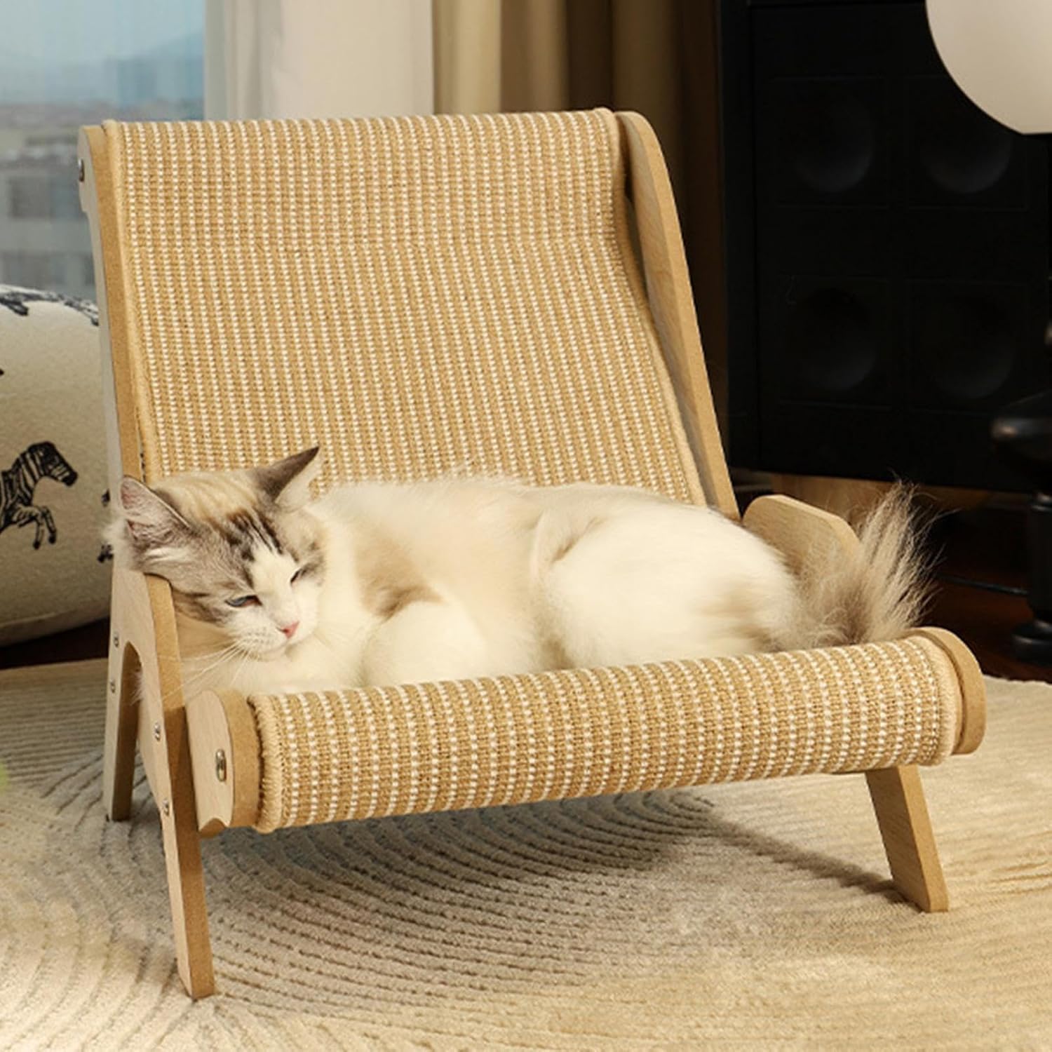 Sisal Cat Chair, Rocking Cat Lounger, Beach Chairs with Sisal Scratcher, Animals Lounge Chair with Sturdy Rocking Frame, Cats Furniture, Multi Functional Cats Scratcher for Indoor Relaxing Use