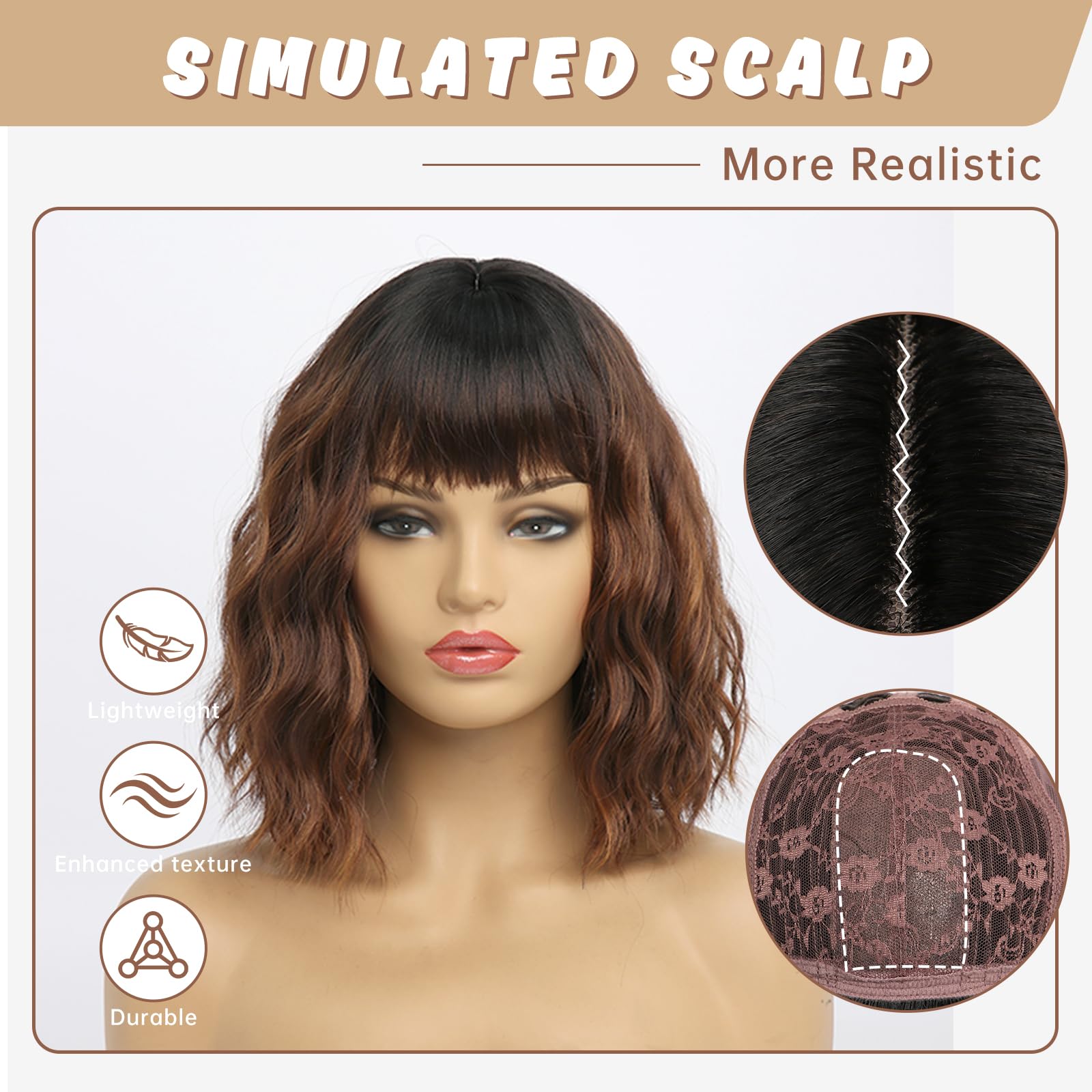 YaissmyLu Chestnut Brown with Light Brown Wigs Short Wavy Bob Wig with Bangs Medium Lenth Synthetic Hair for Daily&Cosplay(12 Inch) - Image 4