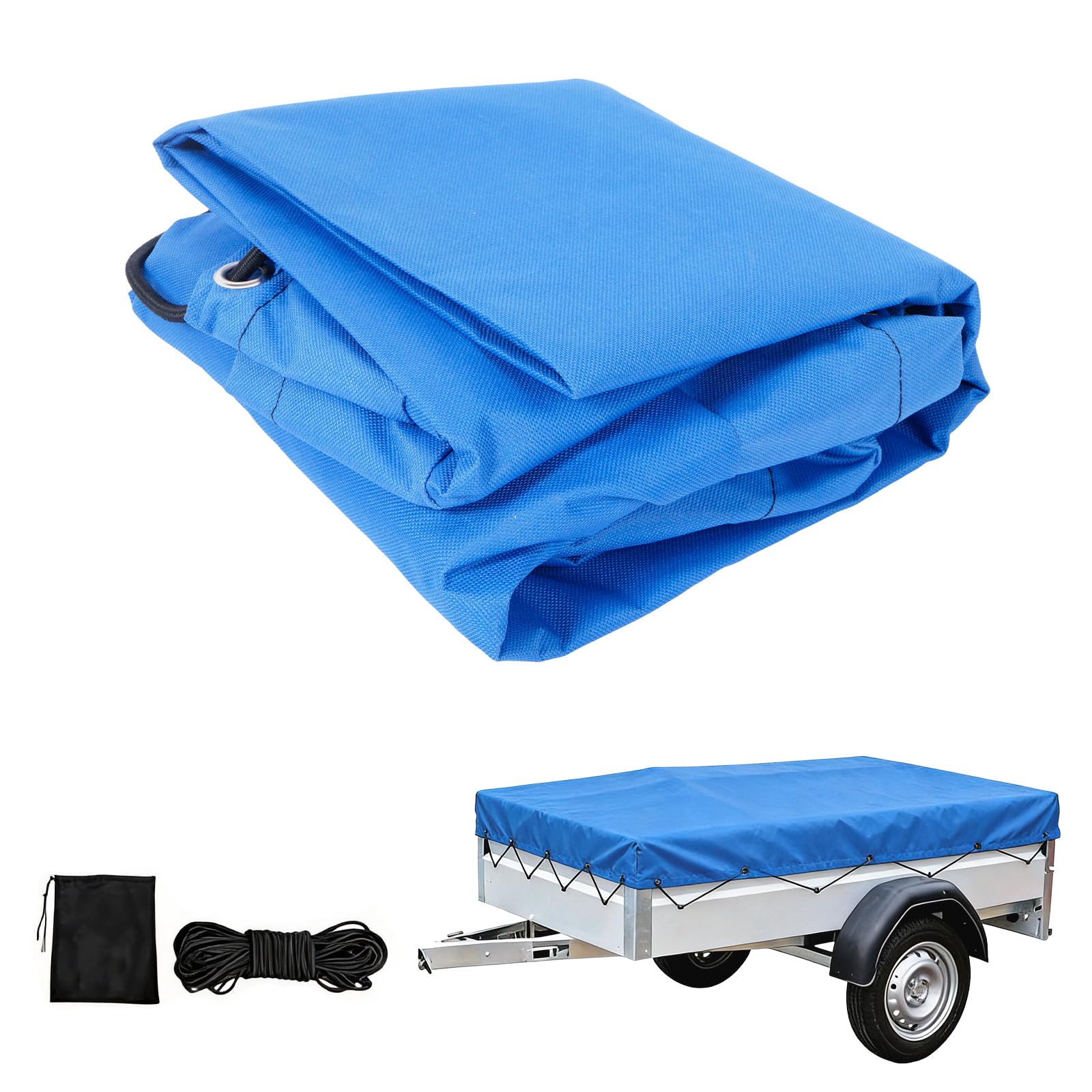 Premium Anhängerplane 140x115 cm (Rand 10cm) - 600D Oxford Gewebe Blau - Extra Reißfest & Wasserdicht - Flachplane inkl. Expanderseil & Verstärkte Ecken - Robuste Abdeckplane für PKW Anhänger