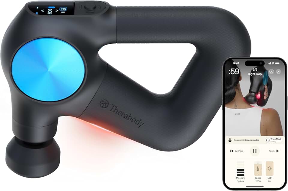 Therabody Theragun PRO Plus - 6-in-1 Deep Tissue Percussion Massage Gun, Handheld Personal Massager for Full Body Pain Relief & Muscle Tension with Biometric Breathwork, Vibration & Heated Attachments