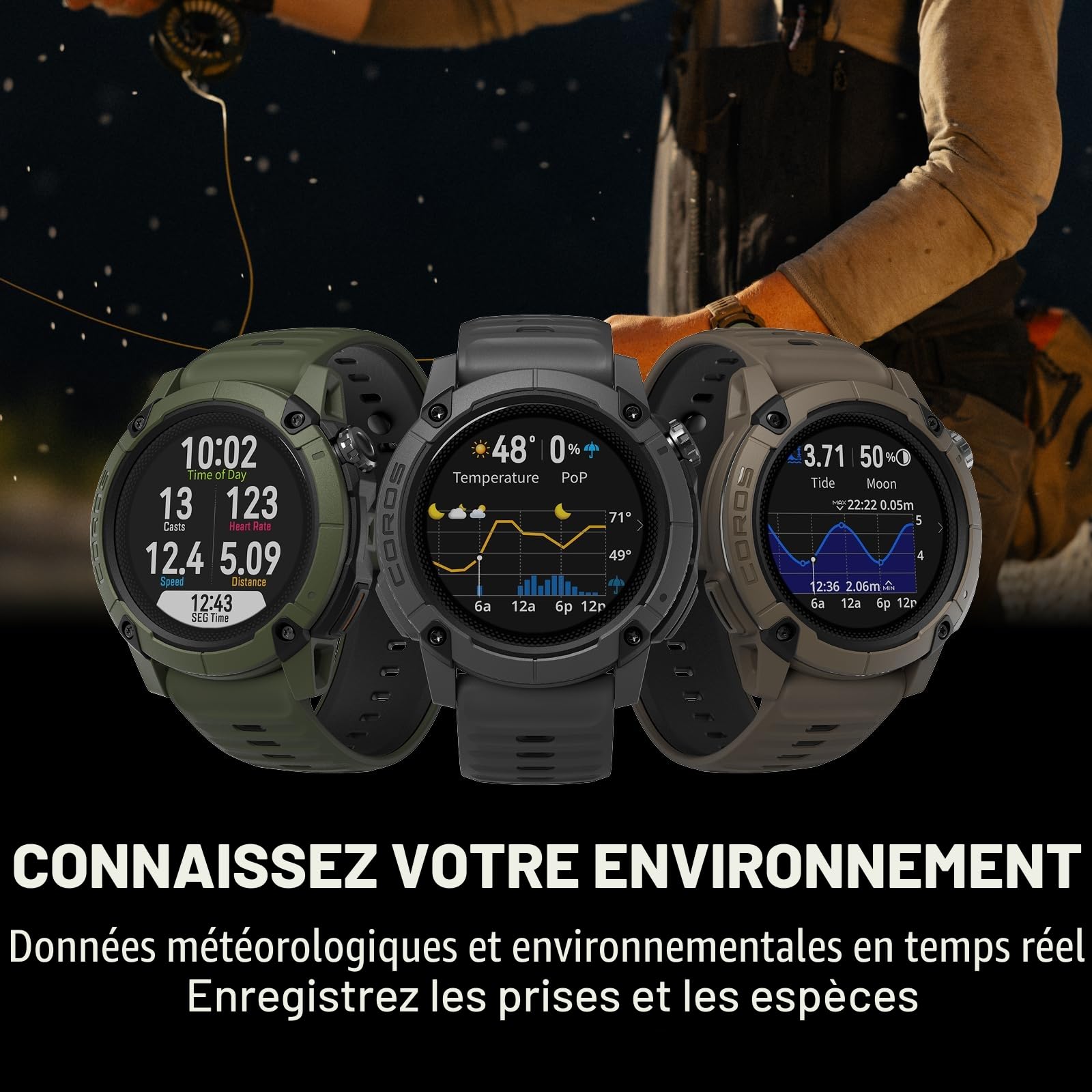 COROS Nomad Montre GPS Outdoor Robuste, écran MIP 1.3"- Gris foncé | Autonomie 22 jours, Cartes préchargées, Micro pour messages vocaux, Montre sport pour la pêche