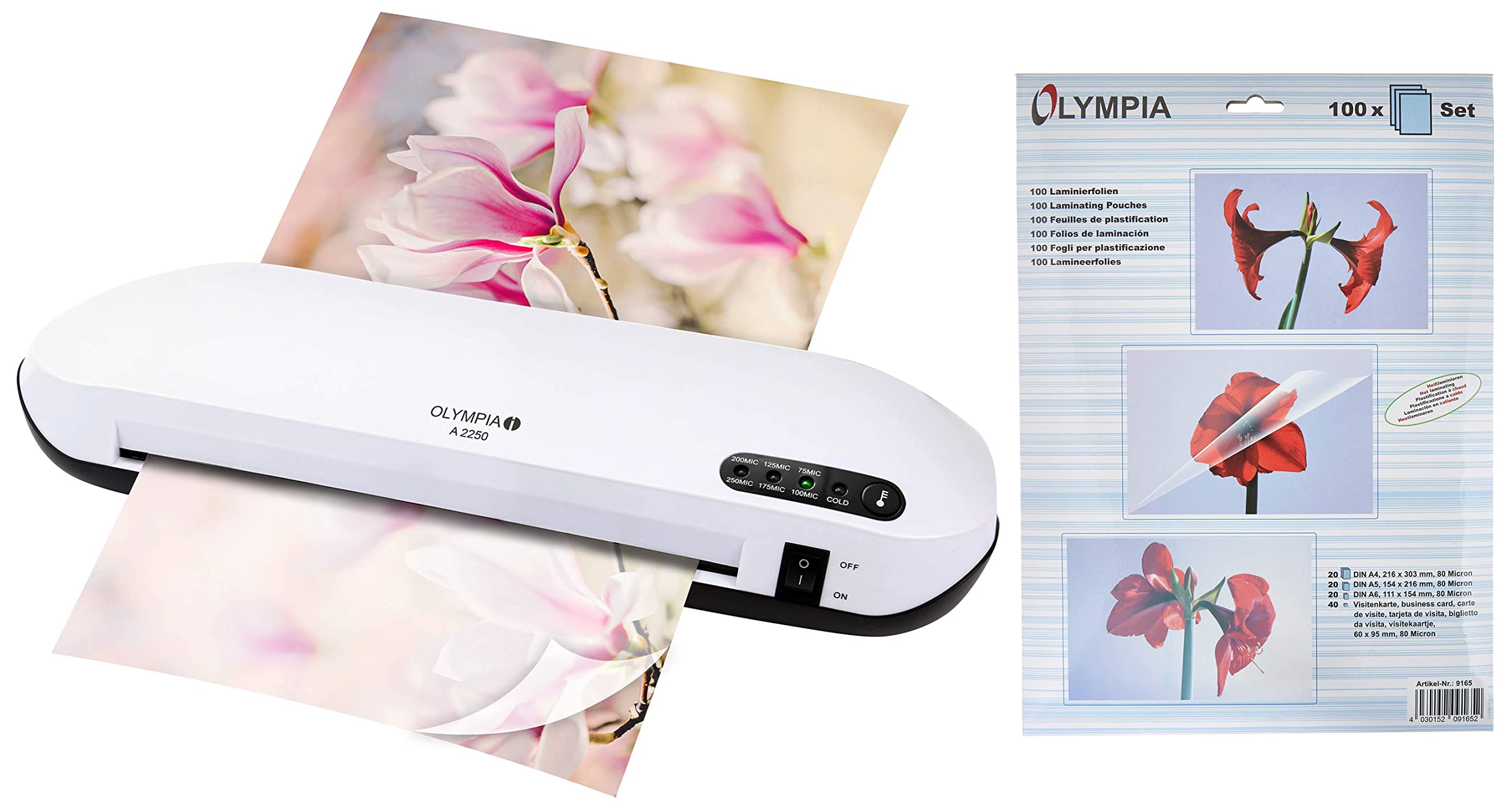 Olympia A 2250 Laminiergerät Büro (75-250 Micron, Laminierer für Dokumente und Fotos bis DIN A4) weiß & Laminierfolienset DIN A4, A5, A6 und Visitenkarten, 80 Mikron, glänzend, 100 Stück, 9165