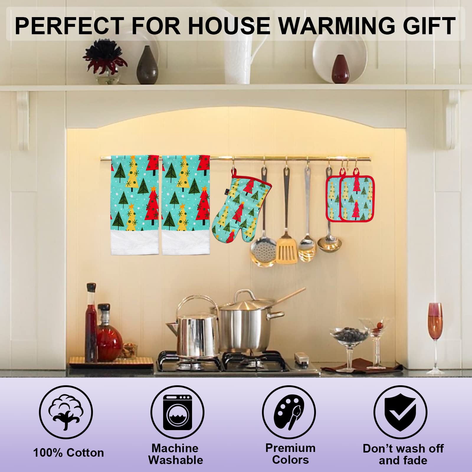 Juego de manoplas de horno y agarraderas 100% algodón perfecto para regalo, hornear y cocinar todos los días, resistente al calor para cocina (árbol de Navidad de 5 piezas)