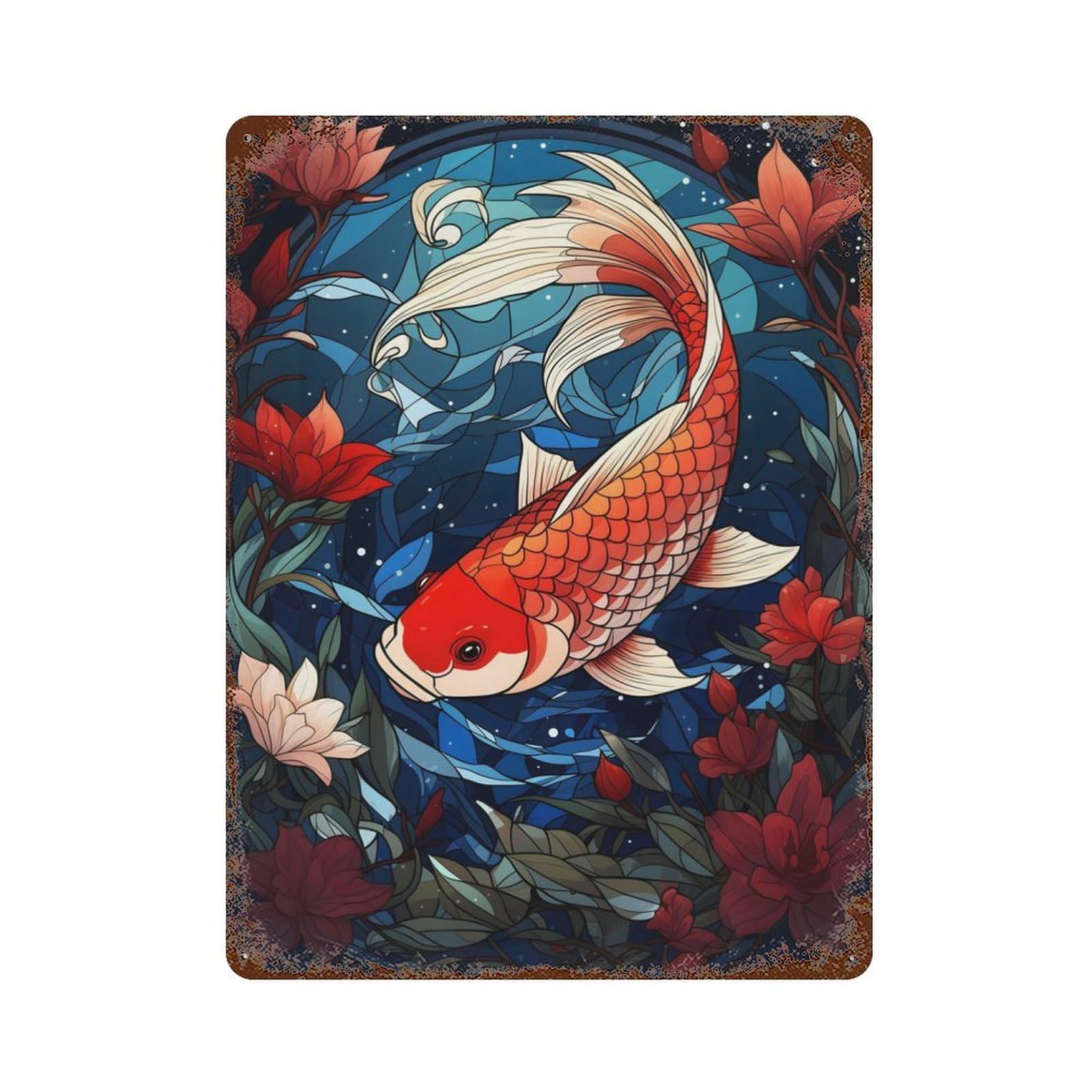 Weathered Tin Sign with Koi Fish Stained Glass Design 15.7"x11.8", for Basement, Hobby Room And Garage Decor, Industrial Home Decor
