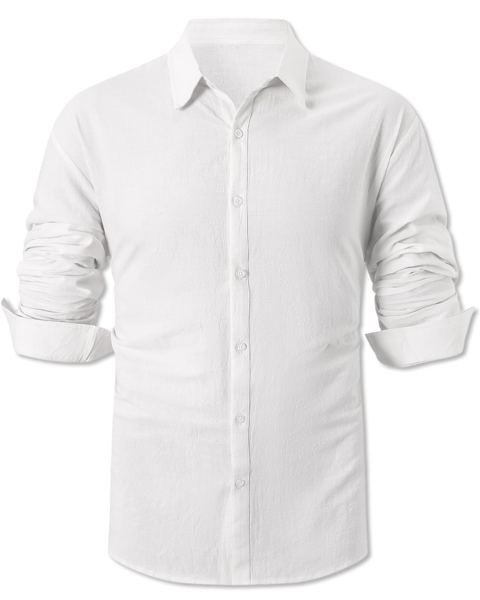Cromoncent Camicia casual da uomo a maniche lunghe in cotone lino a maniche corte con bottoni, L Bianco, M
