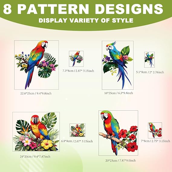 8Pcs Tropical Parrot Iron on Transfer 8 Style Bird Heat Transfer Vinyl Decal Sticker Ready to Press Applique for Clothes Bibs Hats Bags Backpack T-Shirts DIY Fabric Decor Craft